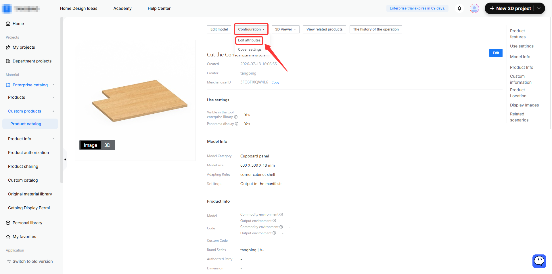 **Module:** Product Catalog > Model Configuration

**Target Objects:**
1. **'Configuration' dropdown menu** (Red box)
2. **'Edit attributes' menu item** (Red box & Arrow)

**Workflow Action:**
The user clicks the 'Configuration' dropdown and selects 'Edit attributes' to modify the specific properties and metadata of the selected 3D model.