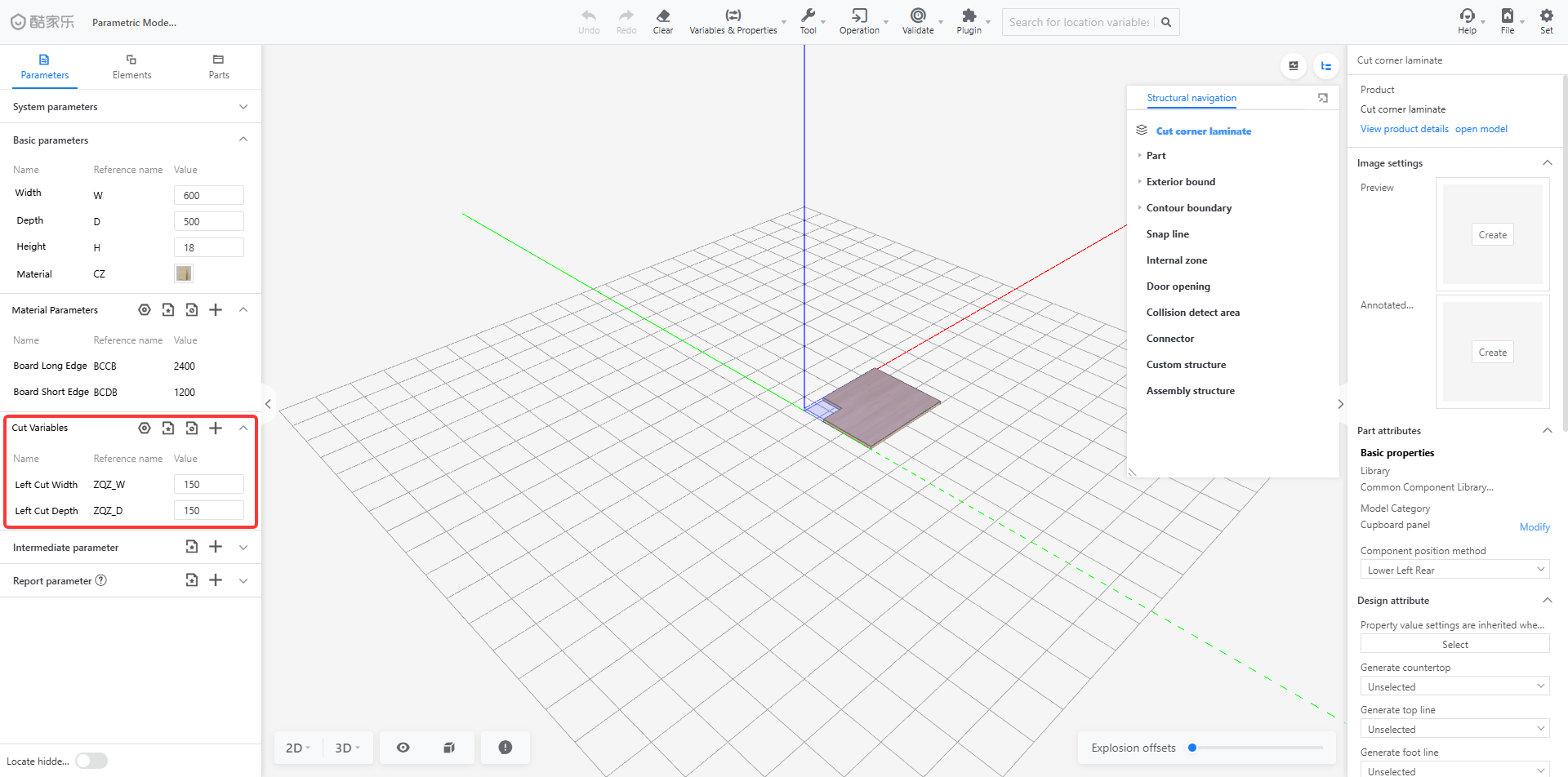 **Module:** Parameters > Cut Variables

**Target Object:** "Cut Variables" parameter group (highlighted by red box), specifically the "Left Cut Width" and "Left Cut Depth" input fields.

**Function:** Used to define and adjust the specific dimensions for the corner cut-out of the part.