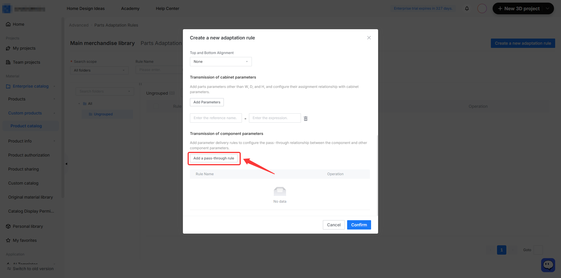 **Module:** Parts Adaptation Rules > "Create a new adaptation rule" dialog

**Target Object:** "Add a pass-through rule" button

**Function:** Used to configure the pass-through relationship between component parameters and other component parameters within the adaptation rule settings.