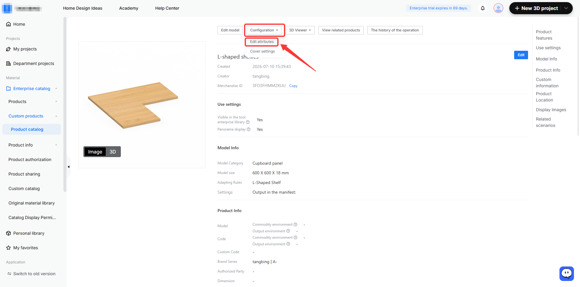 **Module:** Product Catalog > Model Detail Page

**Targeted Objects:**
1. **"Configuration" dropdown menu** (Red box): The primary menu for accessing model configuration options.
2. **"Edit attributes" menu item** (Red box & Arrow): The specific action item within the Configuration dropdown.

**Workflow Purpose:**
The user clicks the "Configuration" dropdown and selects "Edit attributes" to modify the specific properties and metadata of the selected 3D model.