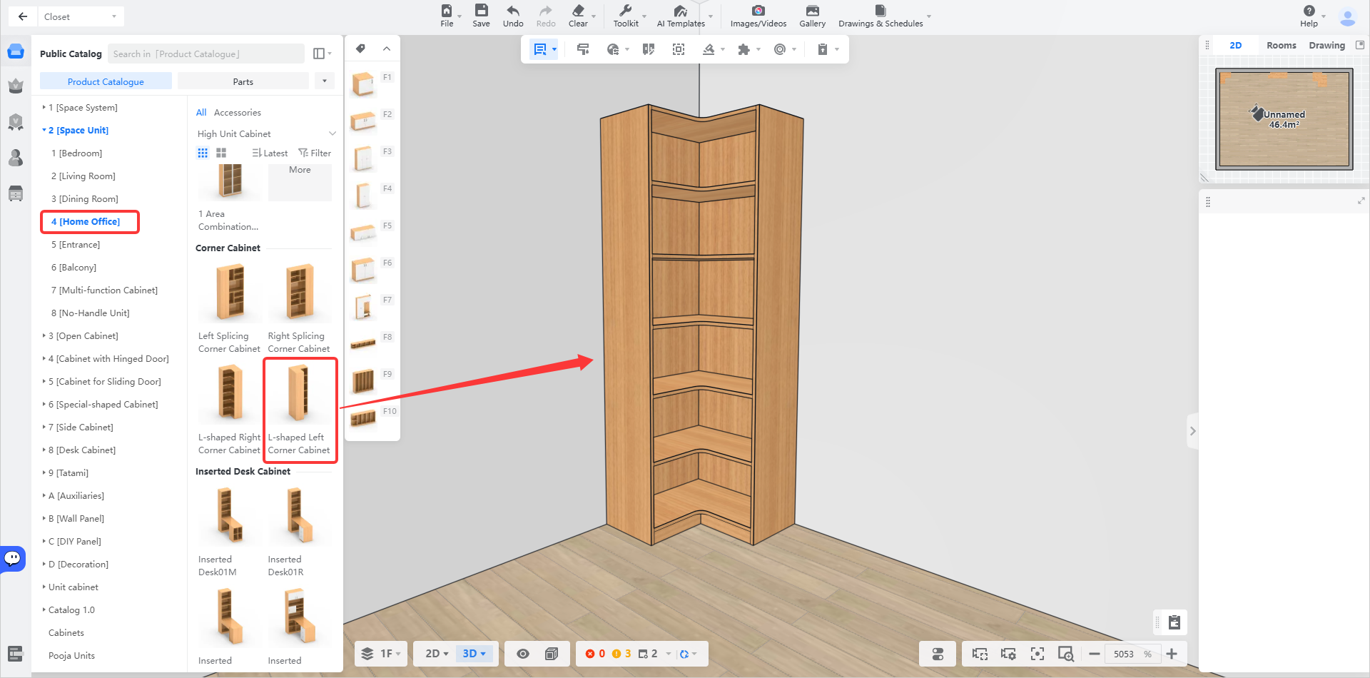 **Module:** Public Catalog > Space Unit

**Annotated Objects:**
1. **Red Box (Left):** "[Home Office]" category item.
2. **Red Box (Center):** "L-shaped Left Corner Cabinet" product thumbnail.
3. **Red Arrow:** Points from the selected "L-shaped Left Corner Cabinet" to the 3D model rendered in the main viewport.

**Workflow Action:**
The user selects the "[Home Office]" category, then chooses the "L-shaped Left Corner Cabinet" to place and visualize the specific cabinet model within the 3D design space.