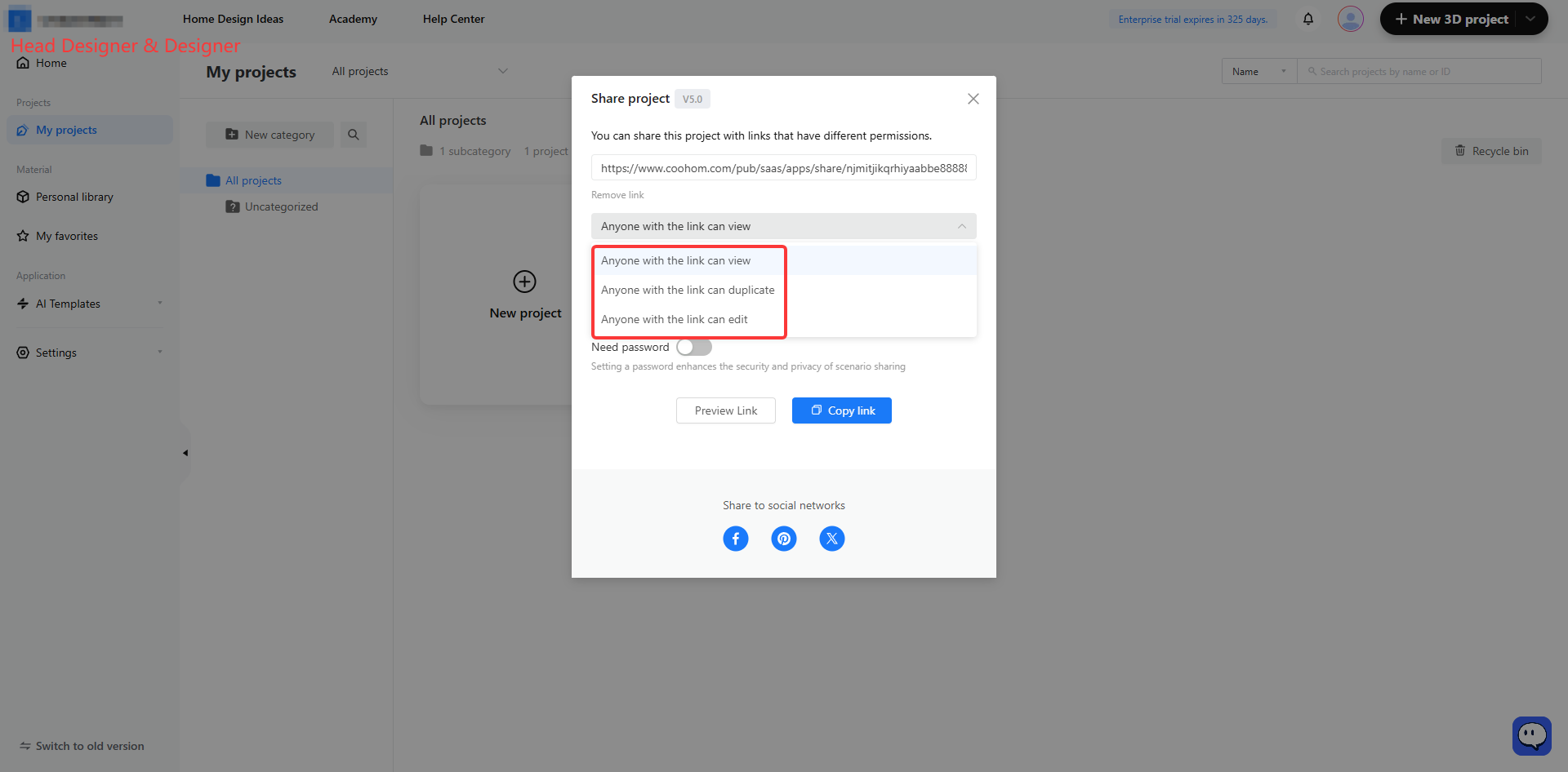 **Module:** My projects > Share project popup

**Target Object:** Permission dropdown menu (specifically the options: "Anyone with the link can view", "Anyone with the link can duplicate", and "Anyone with the link can edit").

**Function:** Used to configure the access level and permissions for users who access the project via the shared link.