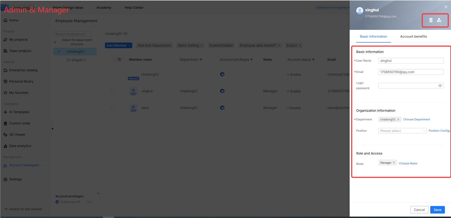 **Module:** Admin & Manager > Employee Management > User Detail Panel

**Annotated Objects:**
1. **Red Box (Top Right):** "Delete" and "User Management" icons. Used to remove the user or manage account-level permissions.
2. **Red Box (Center Right):** "Basic information" form area. Used to edit the user's profile, including User Name, Email, Organization Information (Department/Position), and Role and Access settings.