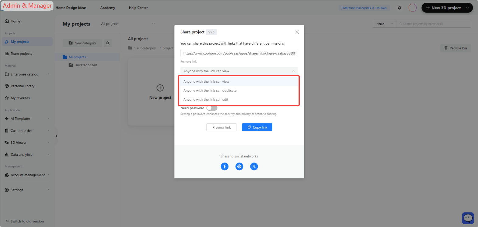 **Module:** My projects > Share project popup

**Target Object:** Permission settings dropdown list (specifically the options: "Anyone with the link can view", "Anyone with the link can duplicate", and "Anyone with the link can edit").

**Function:** Used to configure the access level and permissions for users who access the project via the shared link.