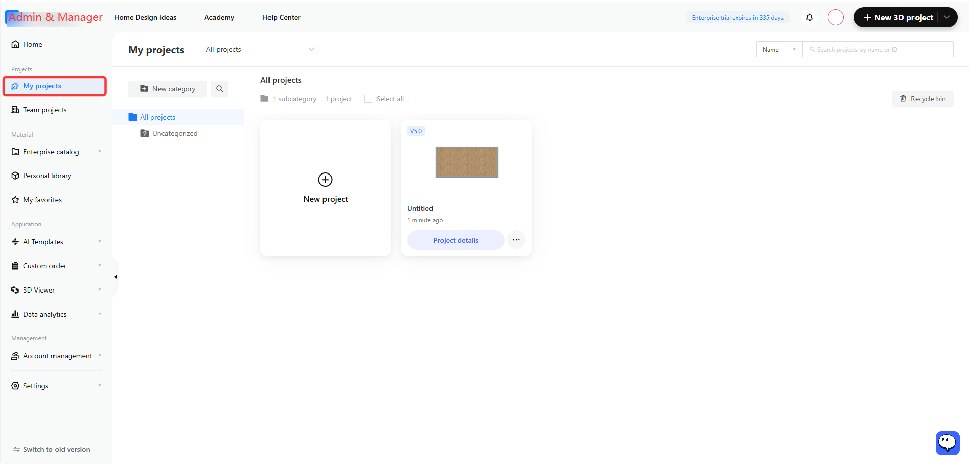 **Module:** Side Navigation Bar > Projects

**Target Object:** "My projects" menu item

**Action/Purpose:** Used to navigate to the user's personal project management workspace to view and manage their own 3D projects.