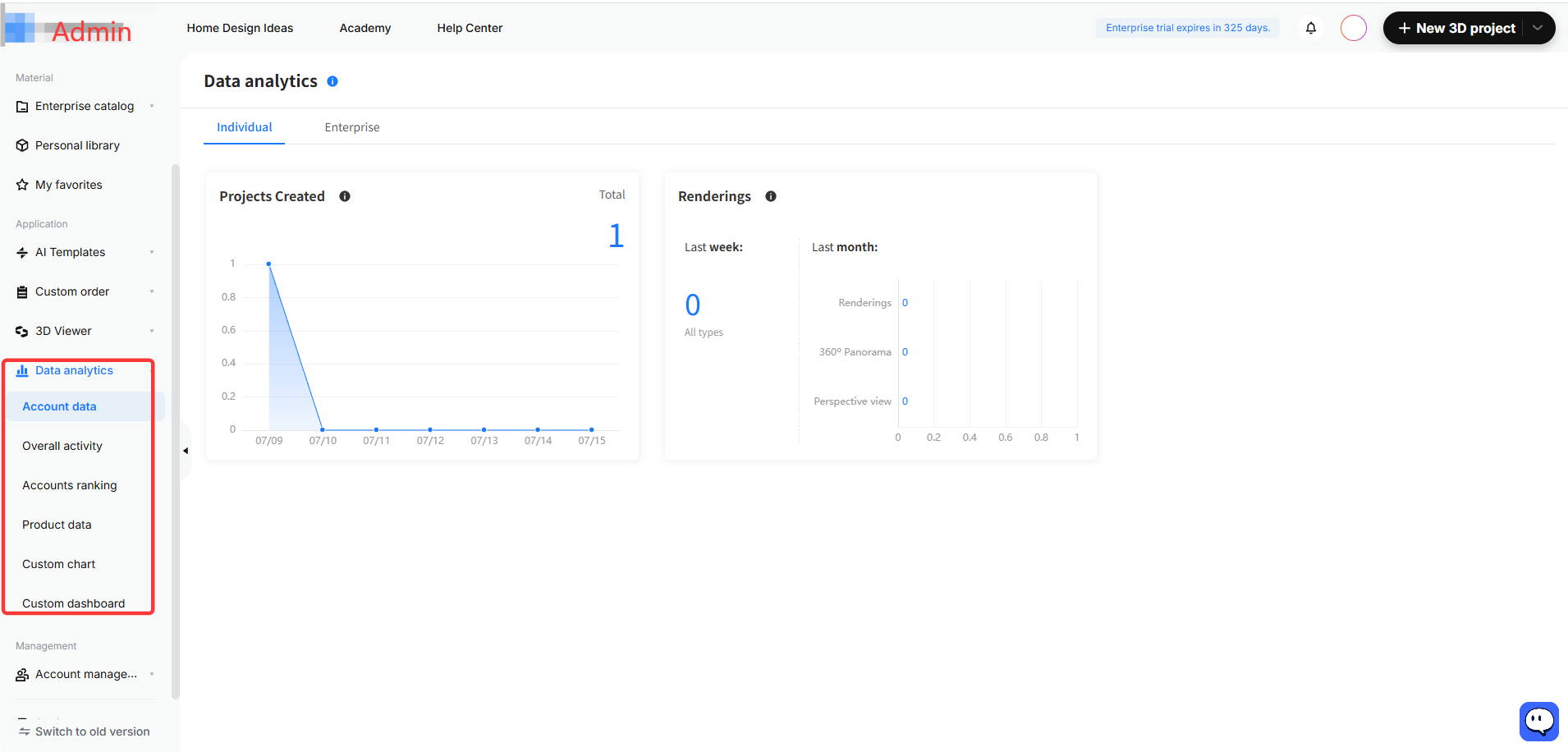 **Module:** Side Navigation Bar > Data analytics

**Target Object:** "Account data" menu item (highlighted within the red boxed "Data analytics" section).

**Function:** Used to navigate to the account-specific data analytics dashboard to view individual or enterprise performance metrics.