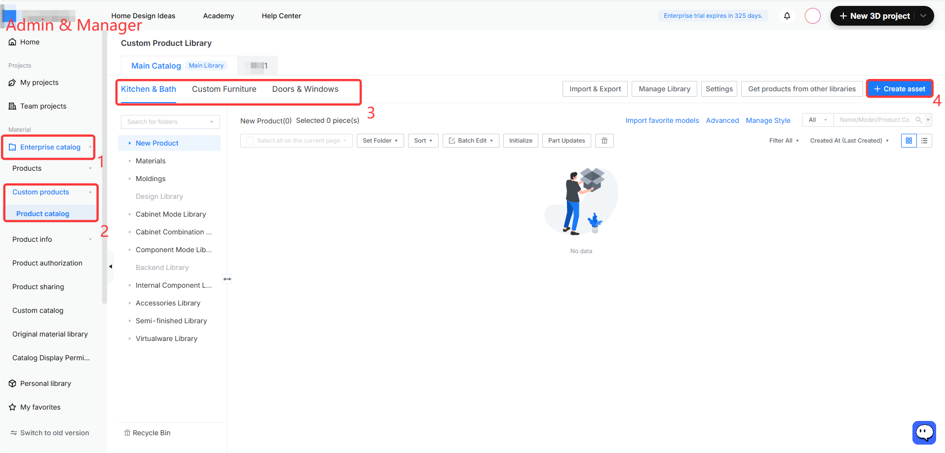 **Module:** Admin & Manager > Custom Product Library

**Workflow Steps:**
1. **'Enterprise catalog' menu item:** Selects the enterprise-level asset management scope.
2. **'Custom products' > 'Product catalog' menu items:** Navigates to the specific catalog management interface for custom products.
3. **Category Tabs ('Kitchen & Bath', 'Custom Furniture', 'Doors & Windows'):** Used to filter and switch between different product categories within the library.
4. **'Create asset' button:** Used to initiate the creation of a new custom product asset.