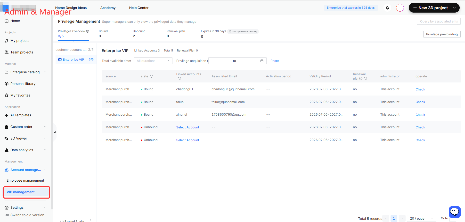 **Module:** Account Management > VIP Management

**Target Object:** "VIP management" menu item (highlighted by red box).

**Function:** Used to navigate to the Privilege Management interface to manage Enterprise VIP accounts, track bound/unbound status, and oversee privilege distribution.