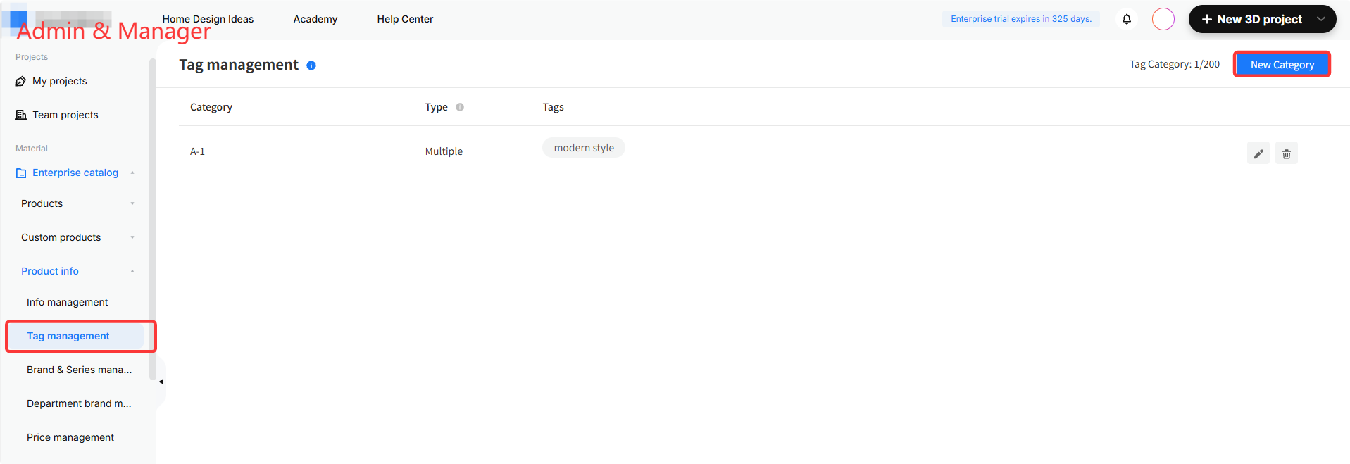 **Module:** Admin & Manager > Enterprise catalog > Product info > Tag management

**Annotated Objects:**
1. **'Tag management' menu item** (Red box): Located in the left navigation sidebar; used to access the tag configuration interface.
2. **'New Category' button** (Red box): Located in the top right of the main panel; used to create a new tag category.