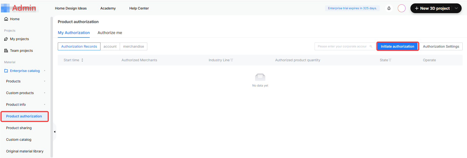 **Module:** Enterprise catalog > Product authorization

**Annotated Objects:**
1. **"Product authorization" menu item** (Left sidebar): Used to navigate to the product authorization management page.
2. **"Initiate authorization" button** (Main panel): Used to start the process of granting product authorization.