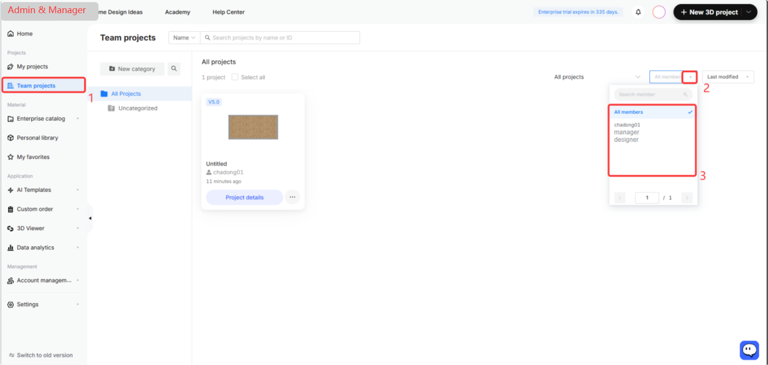 **Module:** Team projects > Project List

**Workflow Steps:**
1. **"Team projects" menu item:** Click to enter the team project management workspace.
2. **Member filter dropdown:** Click to open the member selection menu.
3. **Member selection list:** Select a specific member (e.g., "All members", "chadong01") to filter and view projects associated with that user.
