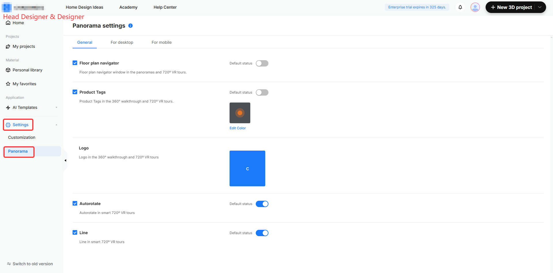 **Module:** Application > Settings > Panorama

**Annotated Objects:**
1. **'Settings' menu item:** Used to access the general application configuration panel.
2. **'Panorama' sub-menu item:** Used to enter the Panorama settings page to configure display options for 360° walkthroughs and 720° VR tours.