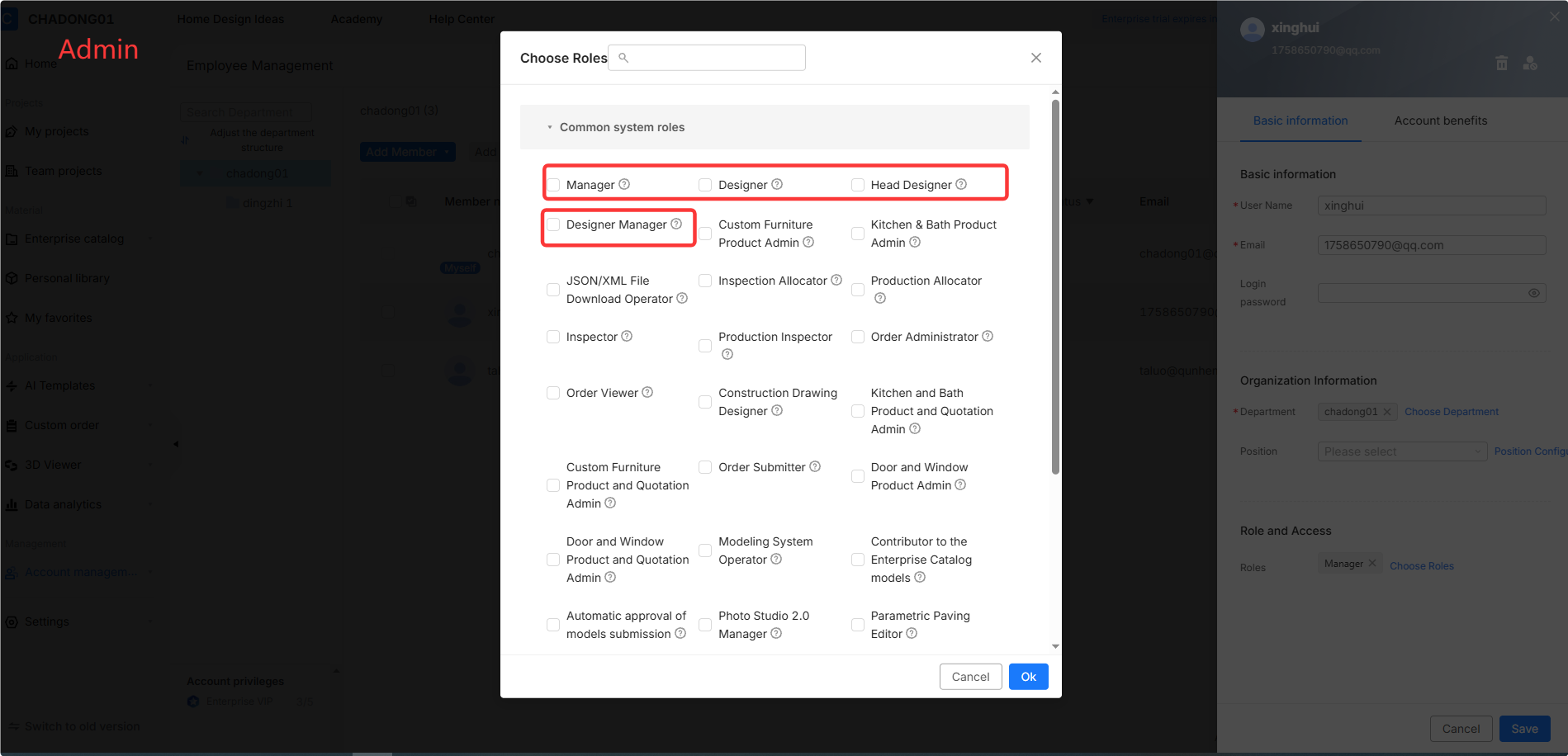**Module:** Account Management > Choose Roles Pop-up

**Highlighted Objects:**
1. **"Manager", "Designer", and "Head Designer" checkboxes:** Red box highlighting the primary system role options.
2. **"Designer Manager" checkbox:** Red box highlighting a specific management role.

**Purpose:** Used to assign one or multiple system roles to a user to define their access permissions and functional authority within the platform.