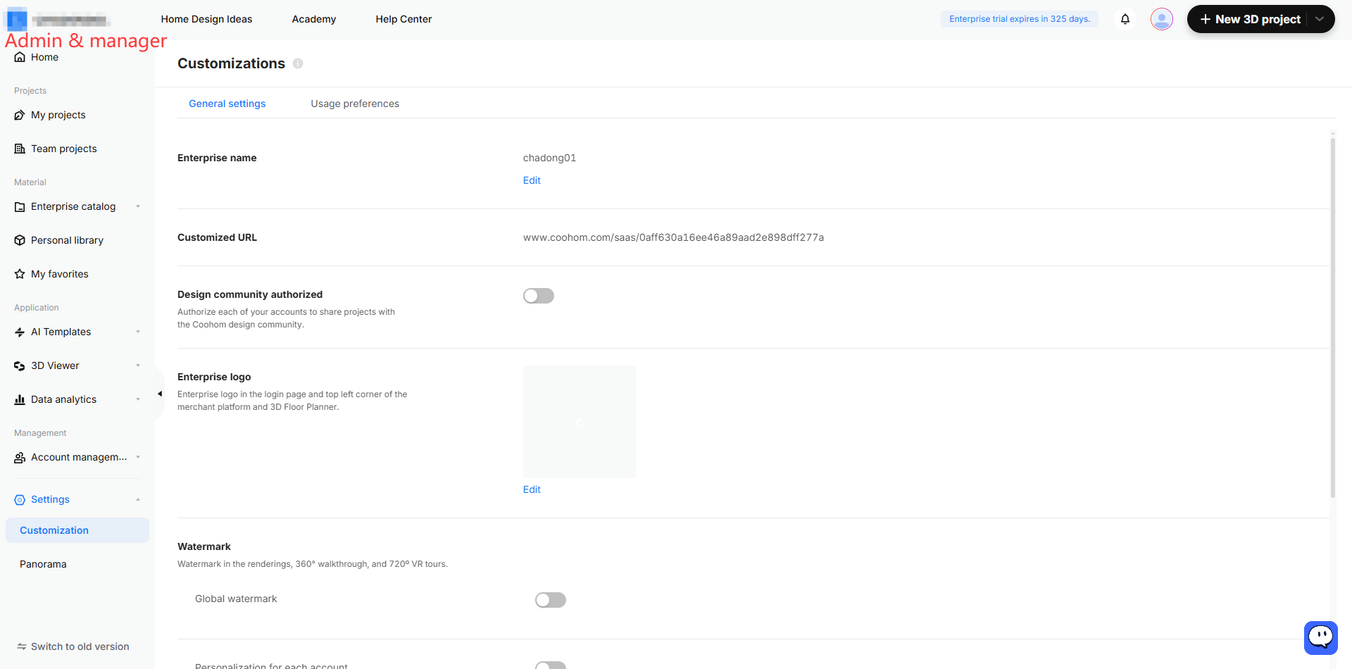 **Module:** Settings > Customization

**Target Object:** "Customization" menu item in the left navigation sidebar.

**Action/Purpose:** Used to access the customization settings page for managing enterprise-level branding and preferences (such as Enterprise name, URL, and logo).