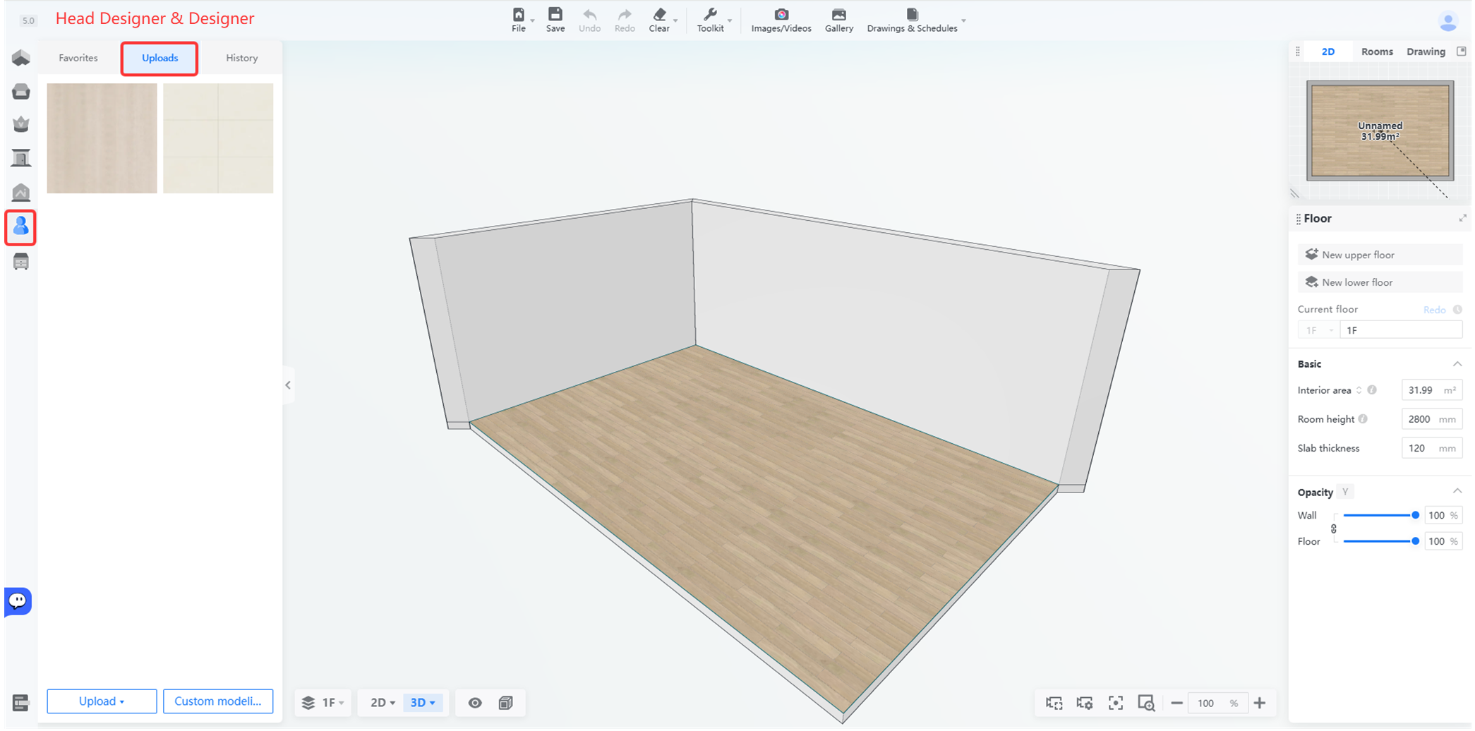 **Module:** Asset Library > Uploads Tab

**Annotated Objects:**
1. **'Uploads' tab:** Located in the top navigation of the left sidebar; used to switch the library view to display user-uploaded assets.
2. **User Profile/Account icon:** Located in the far-left vertical toolbar; used to access user account settings or profile management.

**Workflow Role:** These markers guide the user to navigate to their personal uploaded materials and manage their account within the design workspace.