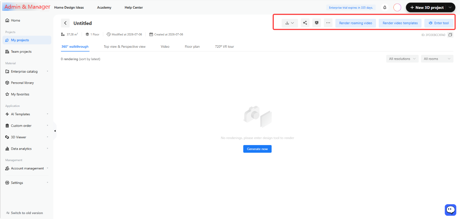 **Module:** Project Details > Top Action Bar

**Targeted Object:** A group of action buttons including the "Download" dropdown, "Share" icon, "Presentation" icon, "More" menu, "Render roaming video" button, "Render video templates" button, and "Enter tool" button.

**Purpose:** Used to perform project-level operations such as exporting files, sharing the project, rendering various video formats, or entering the design tool for further editing.