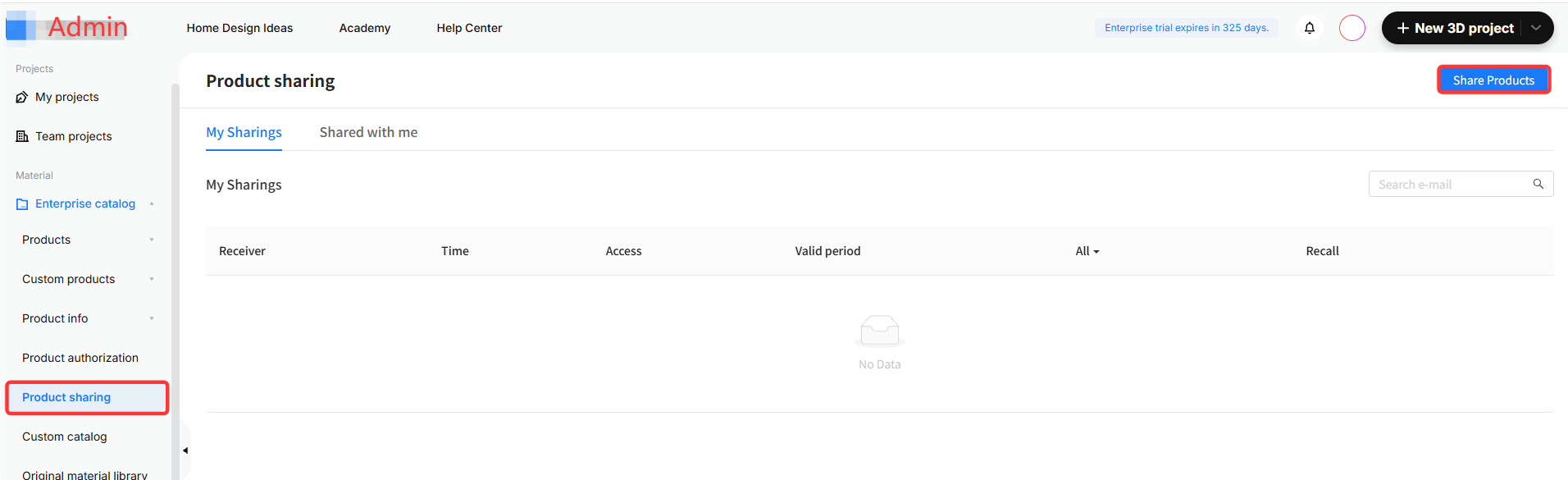 **Module:** Enterprise catalog > Product sharing

**Target Object:** "Product sharing" menu item (highlighted by red box)

**Function:** Used to navigate to the Product sharing management page to view and manage shared product records.