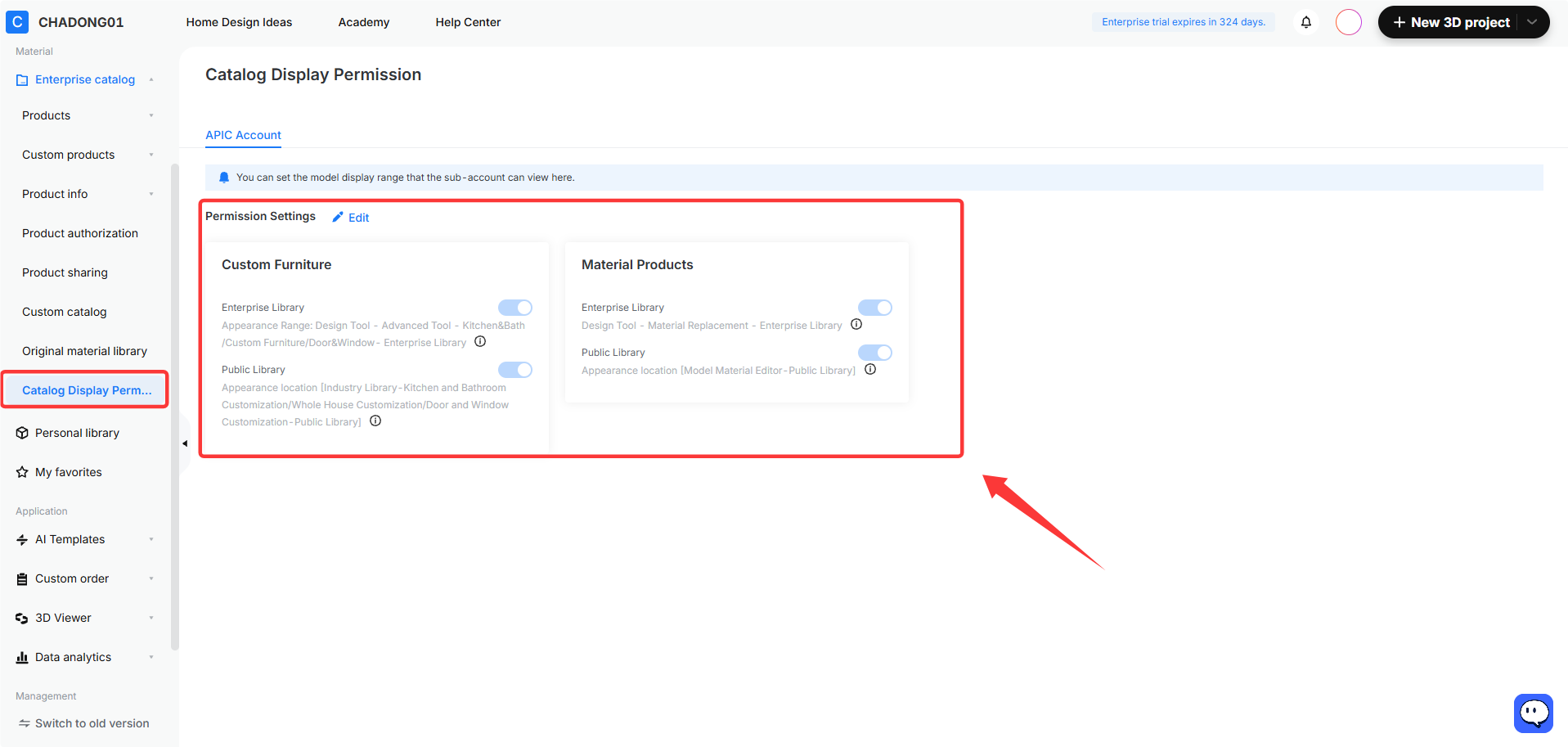 **Module:** Catalog Display Permission > Permission Settings

**Targeted Object:** The "Permission Settings" panel, specifically the toggle switches for "Custom Furniture" and "Material Products" (Enterprise Library and Public Library).

**Function:** Used to configure and control the visibility range of model libraries that sub-accounts are permitted to view within the design tools.