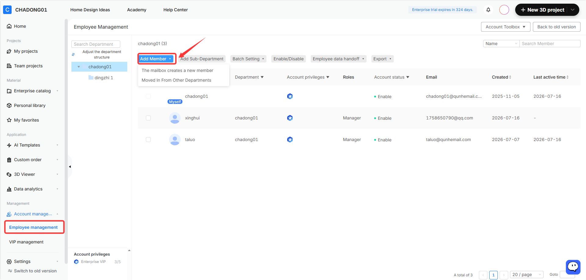 **Module:** Account Management > Employee Management

**Annotations:**
1. **Red Box (Left Sidebar):** Highlights the "Employee management" menu item, used to enter the employee administration interface.
2. **Red Arrow (Main Panel):** Points to the "Add Member" dropdown button, used to trigger the options for adding new personnel to the organization.