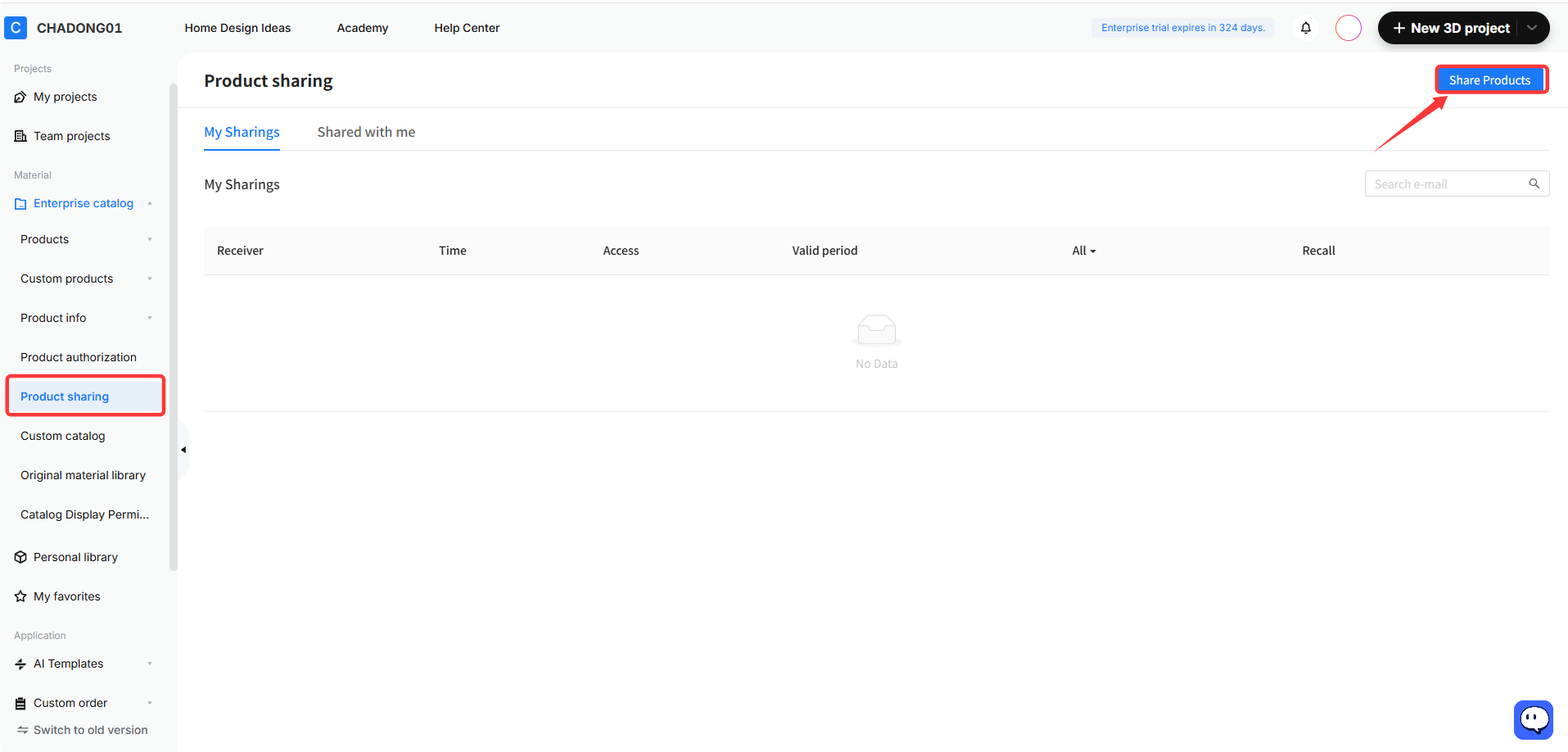 **Module:** Enterprise catalog > Product sharing

**Annotated Objects:**
1. **"Product sharing" menu item** (Red box): Used to navigate to the product sharing management page.
2. **"Share Products" button** (Red box & Arrow): Used to initiate the process of sharing specific products with other users.