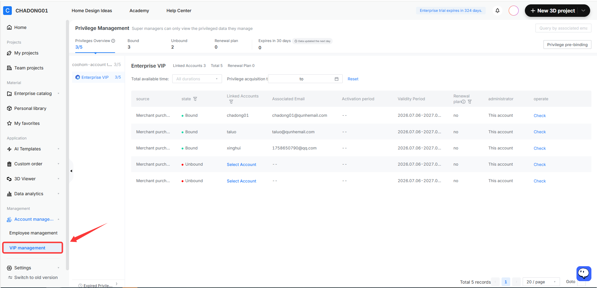 **Module:** Management > Account Management

**Target Object:** "VIP management" menu item (indicated by the red box and arrow).

**Function:** Used to navigate to the Privilege Management page to view and manage Enterprise VIP account bindings and renewal plans.