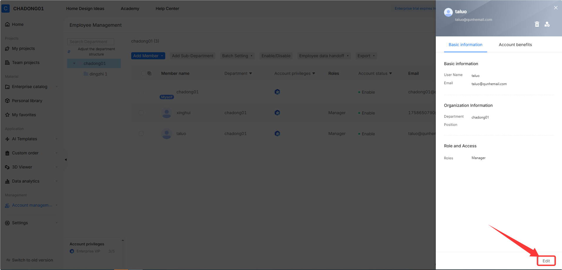**Module:** Employee Management > User Detail Panel

**Target Object:** 'Edit' button

**Function:** Used to modify the basic information, organization details, or role and access permissions of the selected employee.