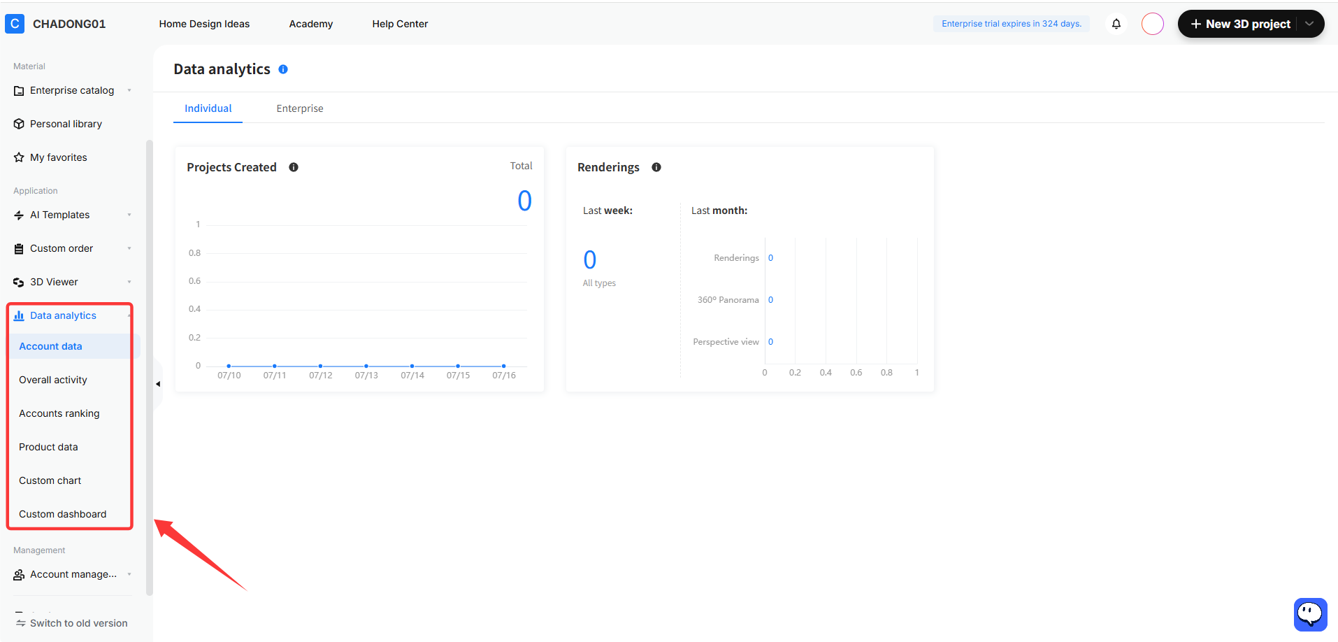 **Module:** Side Navigation Bar > Data analytics

**Targeted Object:** "Account data" menu item (within the red boxed area indicated by the red arrow).

**Function:** Used to navigate to the account-specific data analytics page to view individual performance metrics, such as "Projects Created" and "Renderings."