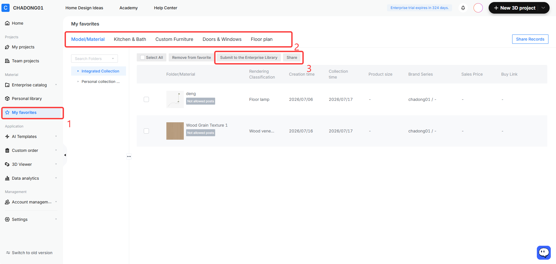 **Module:** Material > My favorites

**Workflow Steps:**
1. **"My favorites" menu item:** Selects the favorites management section from the left navigation bar.
2. **"Model/Material" tab:** Switches the view to the Model/Material category within the favorites list.
3. **"Submit to the Enterprise Library" button:** Used to upload selected favorite assets to the shared enterprise library for organizational use.