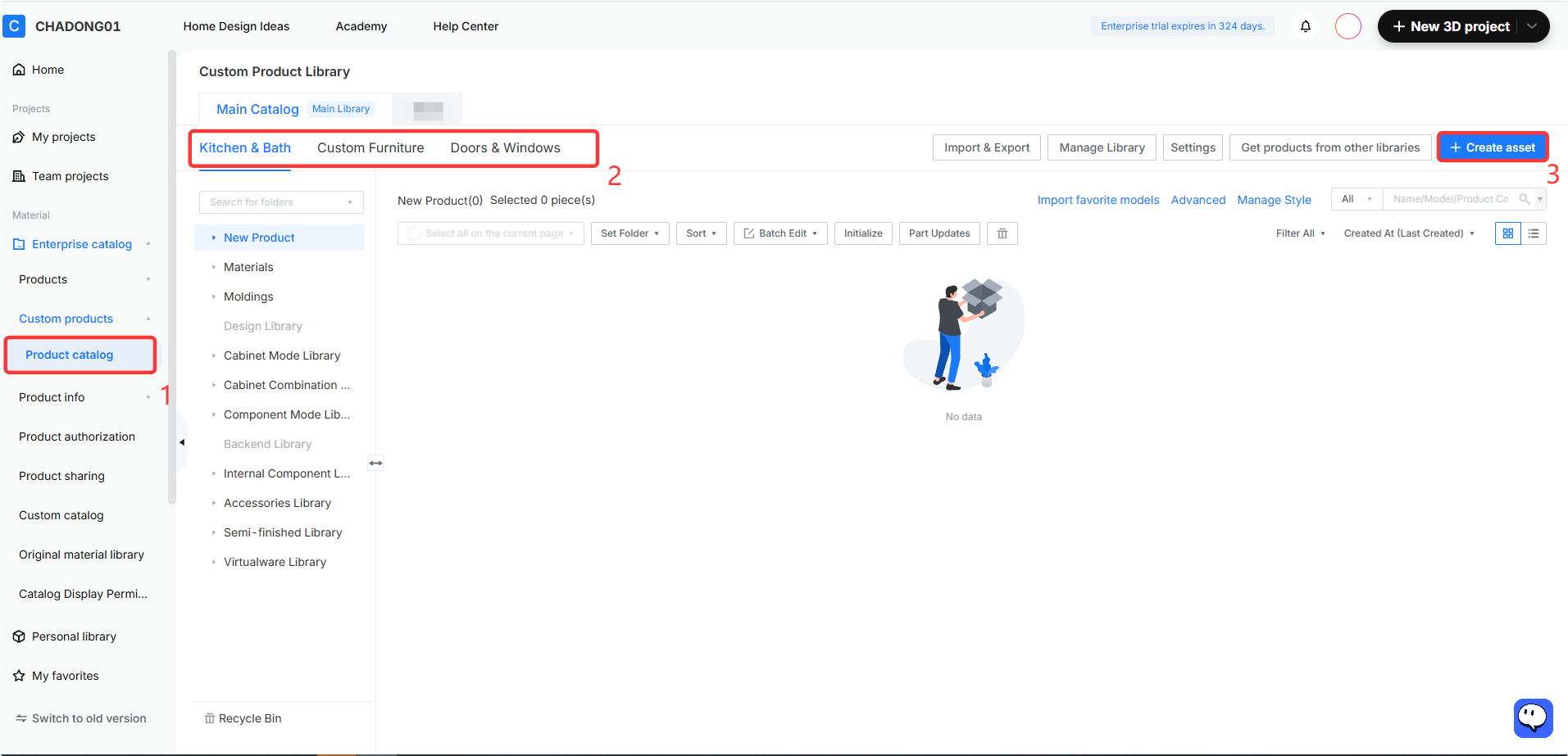 **Module:** Custom Product Library > Product Catalog

**Workflow Steps:**
1. **'Product catalog' menu item:** Selects the product catalog management section from the left sidebar.
2. **Category selection area (Kitchen & Bath, Custom Furniture, Doors & Windows):** Used to filter and switch between different product categories.
3. **'Create asset' button:** Used to add a new asset to the selected product category.
