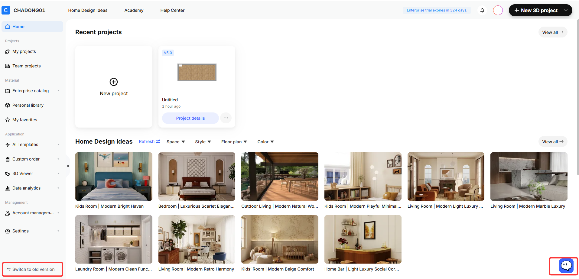 1. **Module**: Home Page > Footer/Global Navigation
2. **Target Objects**: 
   - "'Switch to old version' button" (bottom-left red box)
   - "Customer Support/Chat icon" (bottom-right red box)
3. **Workflow Action**: 
   - The 'Switch to old version' button is used to revert the user interface to the previous software version.
   - The Chat icon is used to initiate a support conversation or access help resources.