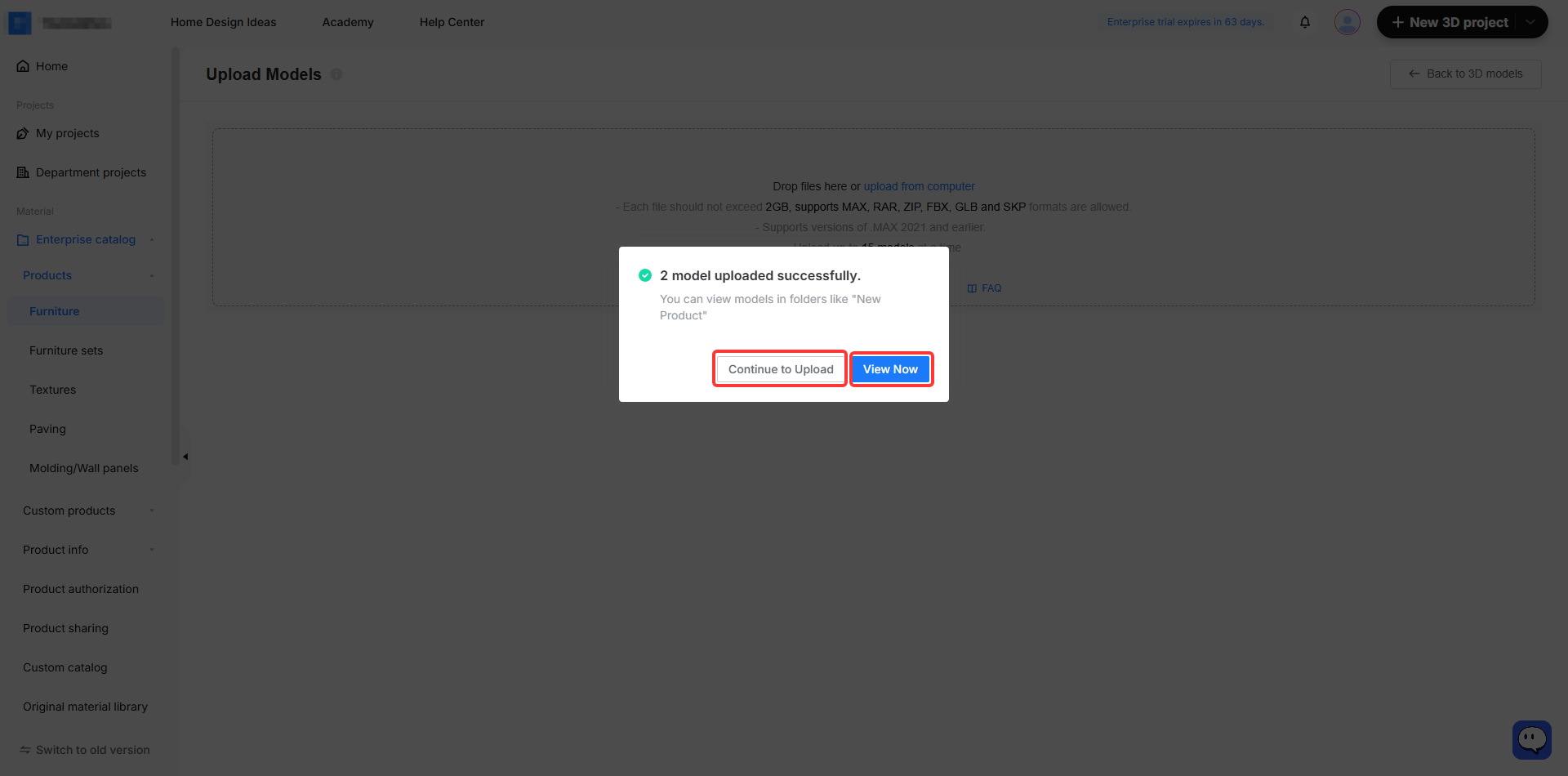 **Module:** Upload Models > Upload Success Dialog

**Annotated Objects:**
1. **"Continue to Upload" button (Red box):** Used to return to the upload interface to add more models.
2. **"View Now" button (Blue box):** Used to navigate to the folder to view the successfully uploaded models.
