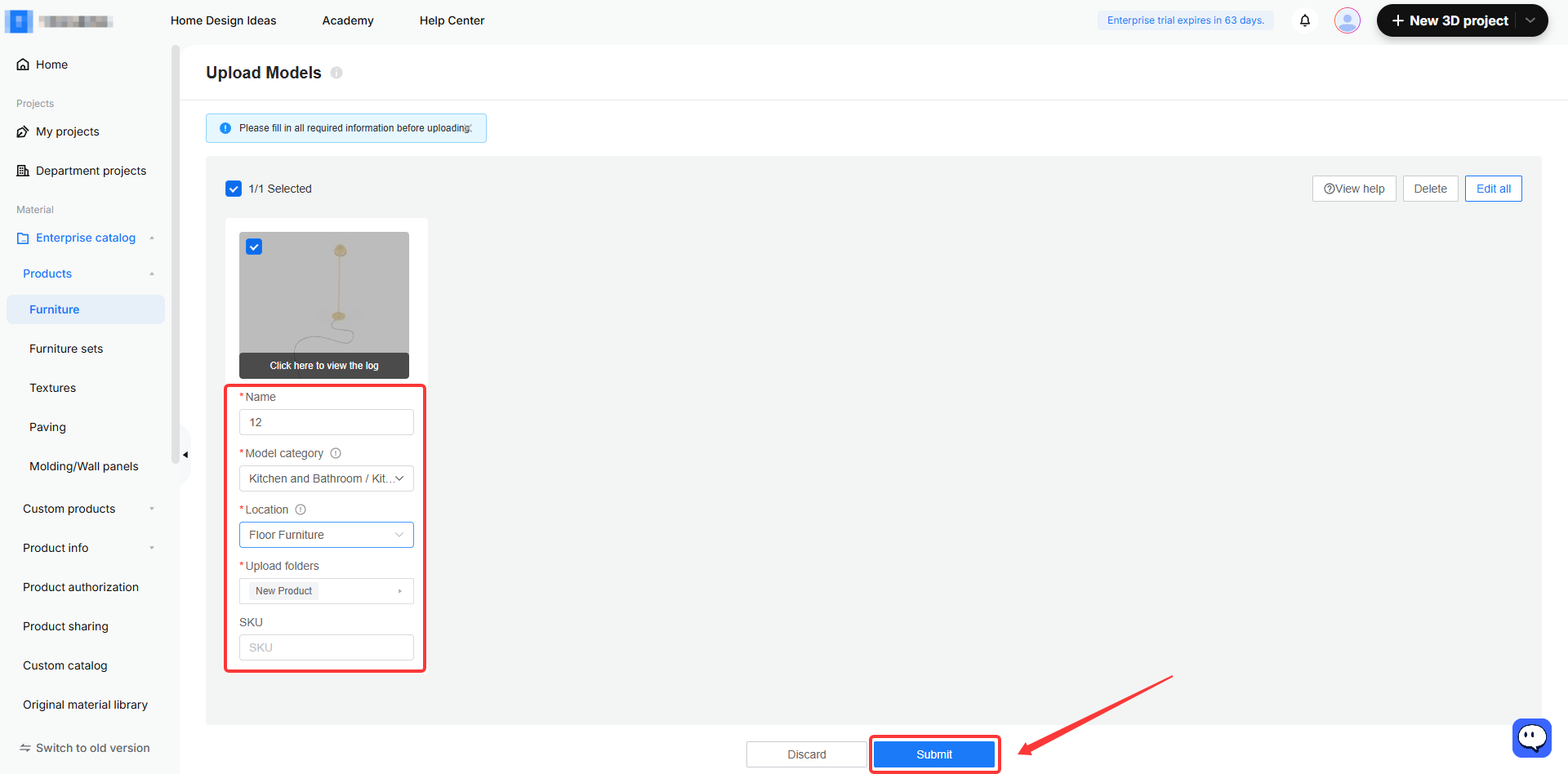 **Module:** Upload Models > Model Information Panel

**Annotations:**
1. **Red Box:** Highlights the required information fields, including "Name", "Model category", "Location", "Upload folders", and "SKU". These are used to define the metadata and categorization of the model before uploading.
2. **Red Arrow:** Points to the "Submit" button. This is used to confirm the entered information and complete the upload process.