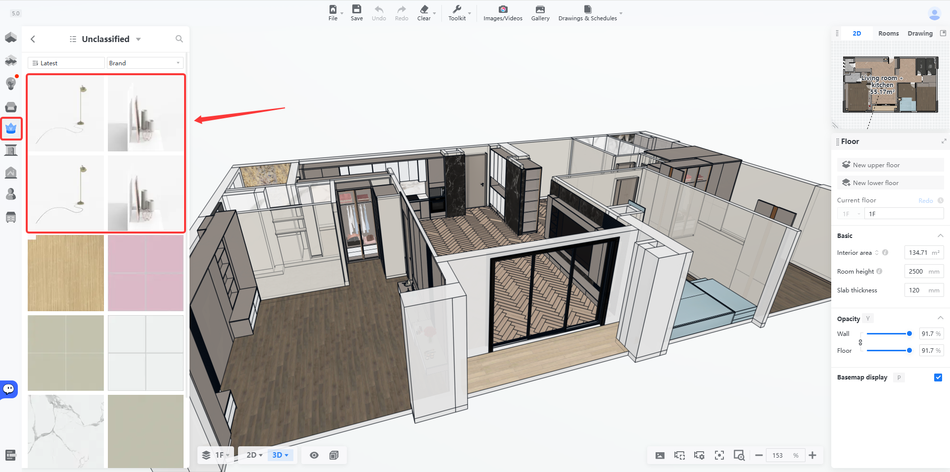 **Module:** Asset Library > Unclassified Category

**Target Object:** The red box highlights the "Asset Preview Grid," and the red arrow points to the specific area where available 3D models/assets are displayed.

**Function:** Used to browse and select specific furniture or decorative assets to be placed into the 3D design scene.