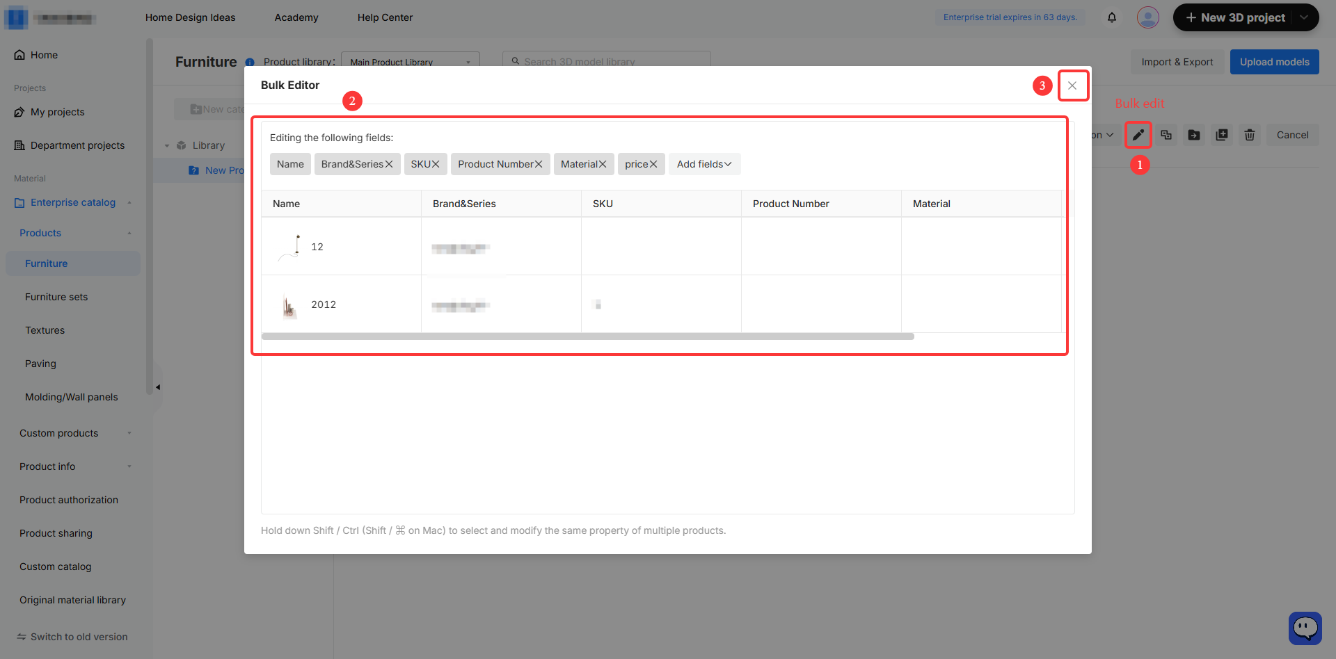 **Module:** Product Library > Bulk Editor

**Workflow Steps:**
1. **'Edit' icon (pencil):** Triggers the opening of the Bulk Editor modal for selected items.
2. **Editing fields area (red box):** The main data grid where users can modify specific attributes (e.g., Name, SKU, Material) for multiple products simultaneously.
3. **'Close' button (X):** Used to exit the Bulk Editor and return to the product library view.