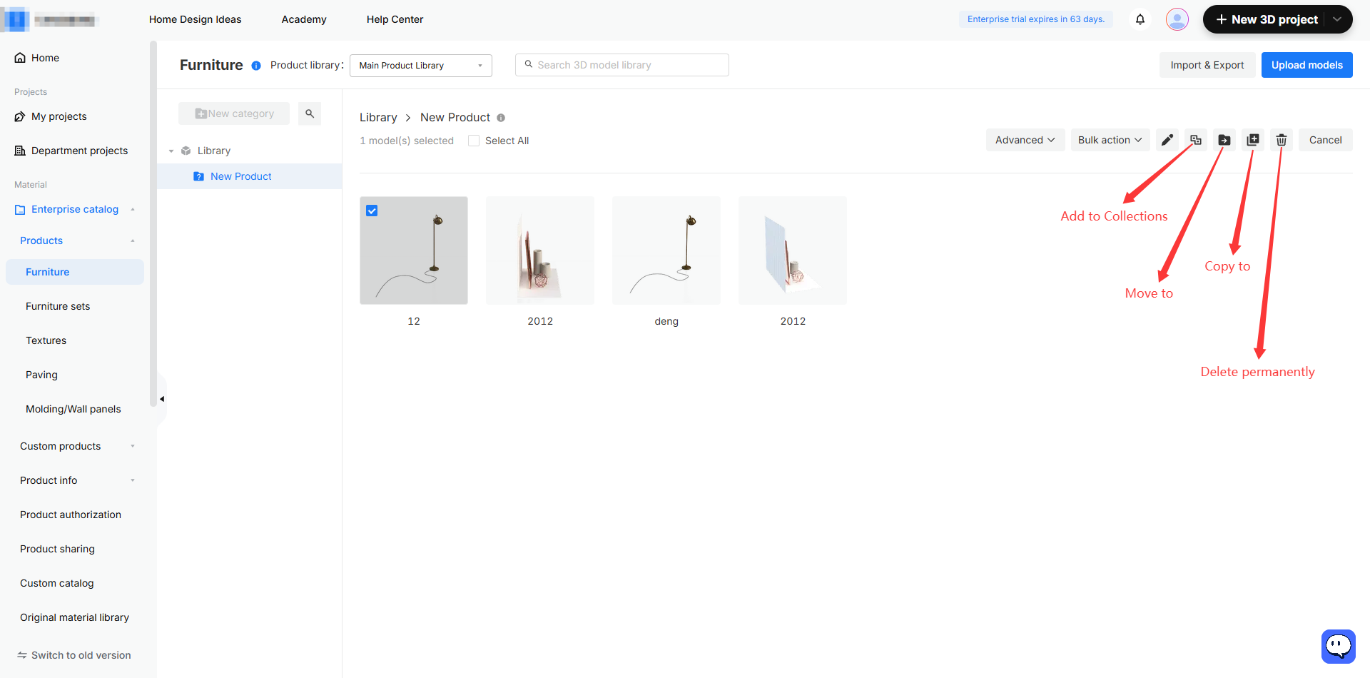 **Module:** Furniture > Library > New Product

**Annotated Objects & Functions:**
1. **'Add to Collections' icon:** Used to add the selected 3D model to a specific collection.
2. **'Move to' icon:** Used to move the selected 3D model to a different folder or category.
3. **'Copy to' icon:** Used to duplicate the selected 3D model into another location.
4. **'Delete permanently' icon:** Used to permanently remove the selected 3D model from the library.