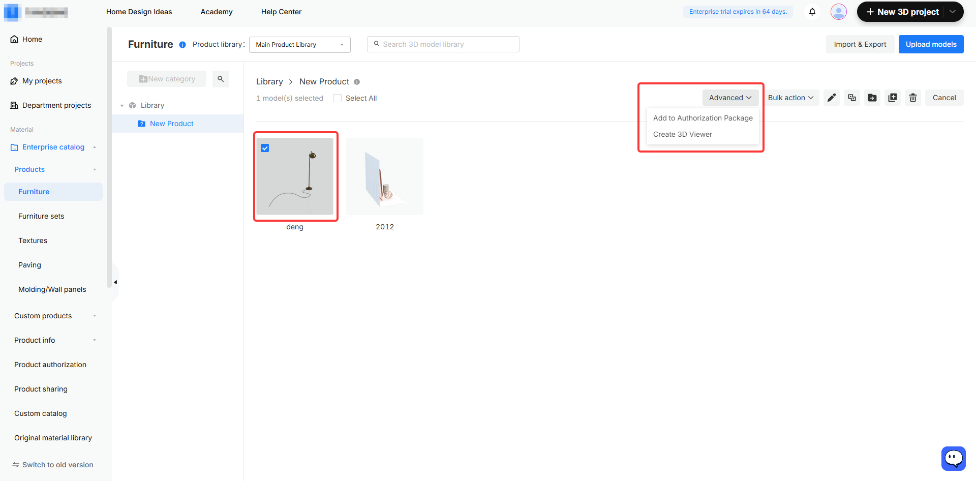 **Module:** Furniture > Product Library

**Annotated Objects:**
1. **Selected Product Item:** A specific 3D model (named "deng") with its checkbox ticked.
2. **'Advanced' Dropdown Menu:** The expanded menu containing "Add to Authorization Package" and "Create 3D Viewer".

**Workflow Action:**
The user first selects a specific product from the library to enable bulk actions, then clicks the 'Advanced' dropdown to access extended management options, such as adding the item to an authorization package or creating a 3D viewer.