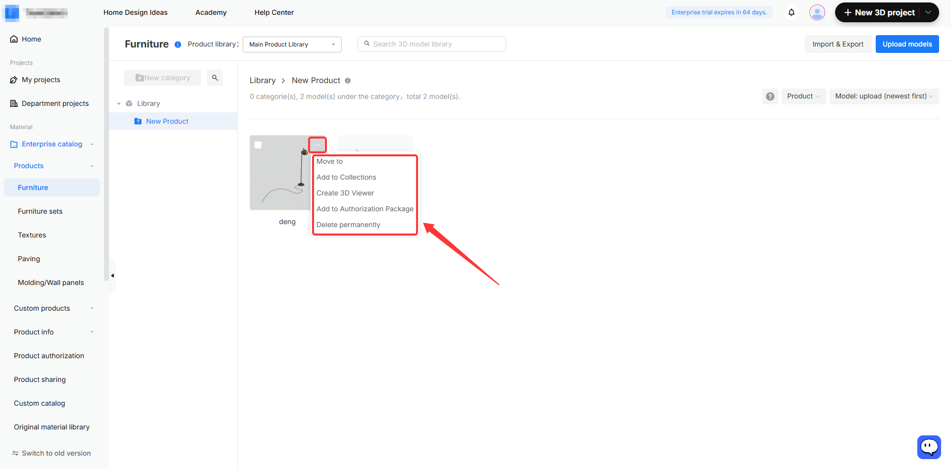 **Module:** Furniture > Product Library

**Target Object:** The options menu (dropdown list) triggered by the "..." (More) button on a product card, specifically highlighting options such as "Move to," "Add to Collections," "Create 3D Viewer," "Add to Authorization Package," and "Delete permanently."

**Action/Purpose:** Used to manage individual 3D models by organizing them into categories/collections, creating viewers, managing authorizations, or deleting the asset.