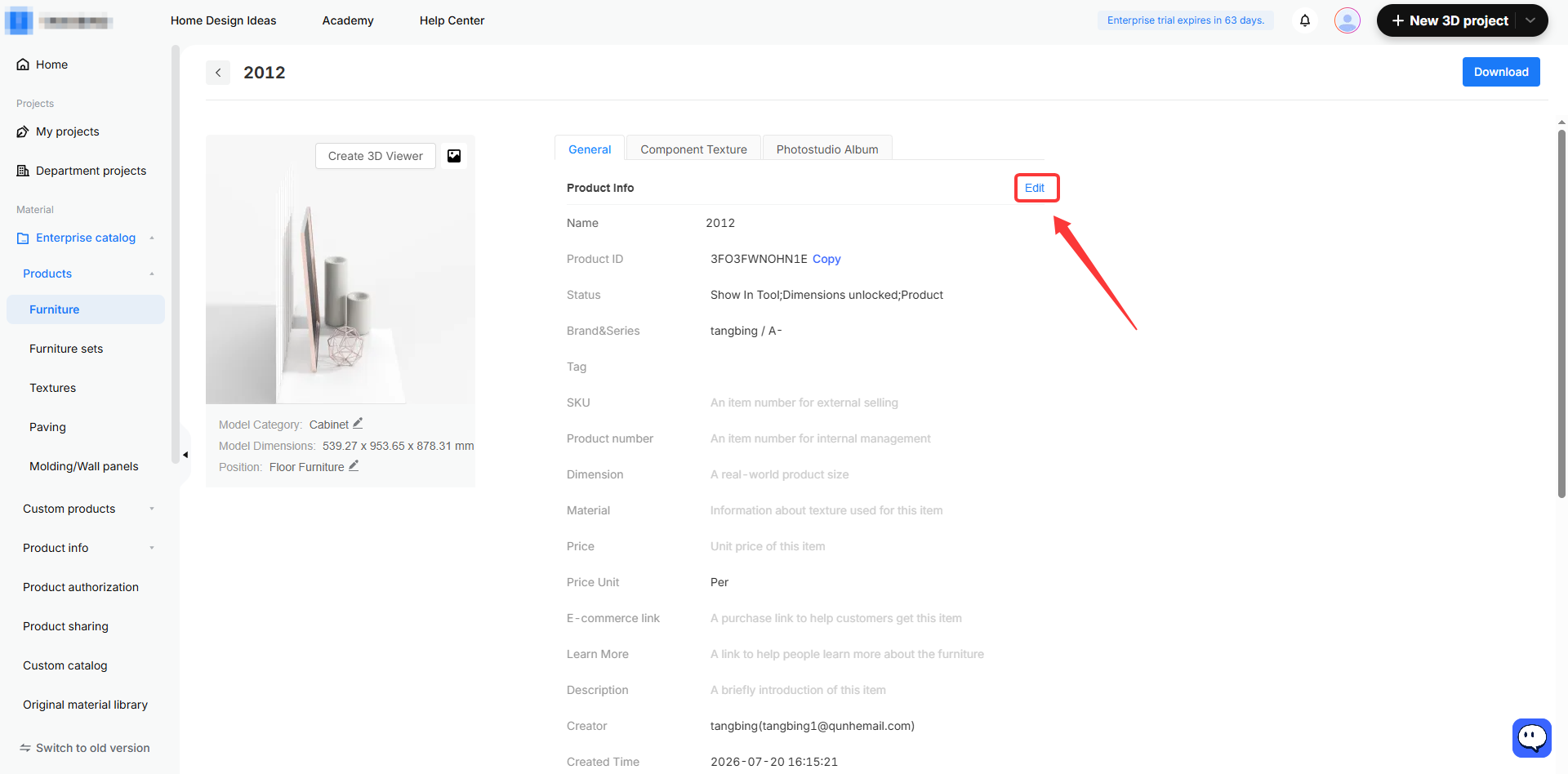 **Module:** Product Info > General Tab

**Target Object:** "Edit" button

**Action/Purpose:** Used to modify the product information details (such as Name, Product ID, Status, etc.) for the selected item.