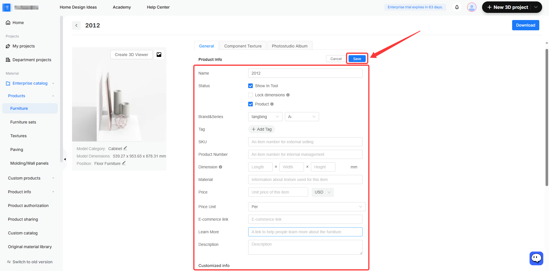 **Module:** Product Management > General Tab (Product Info)

**Annotations:**
1. **Red Box:** The "Product Info" form area, containing fields such as Name, Status, Brand&Series, SKU, and Price. It is used to input and manage detailed specifications of the product.
2. **Red Arrow:** Points to the "Save" button. It is used to commit and store the changes made within the Product Info form.