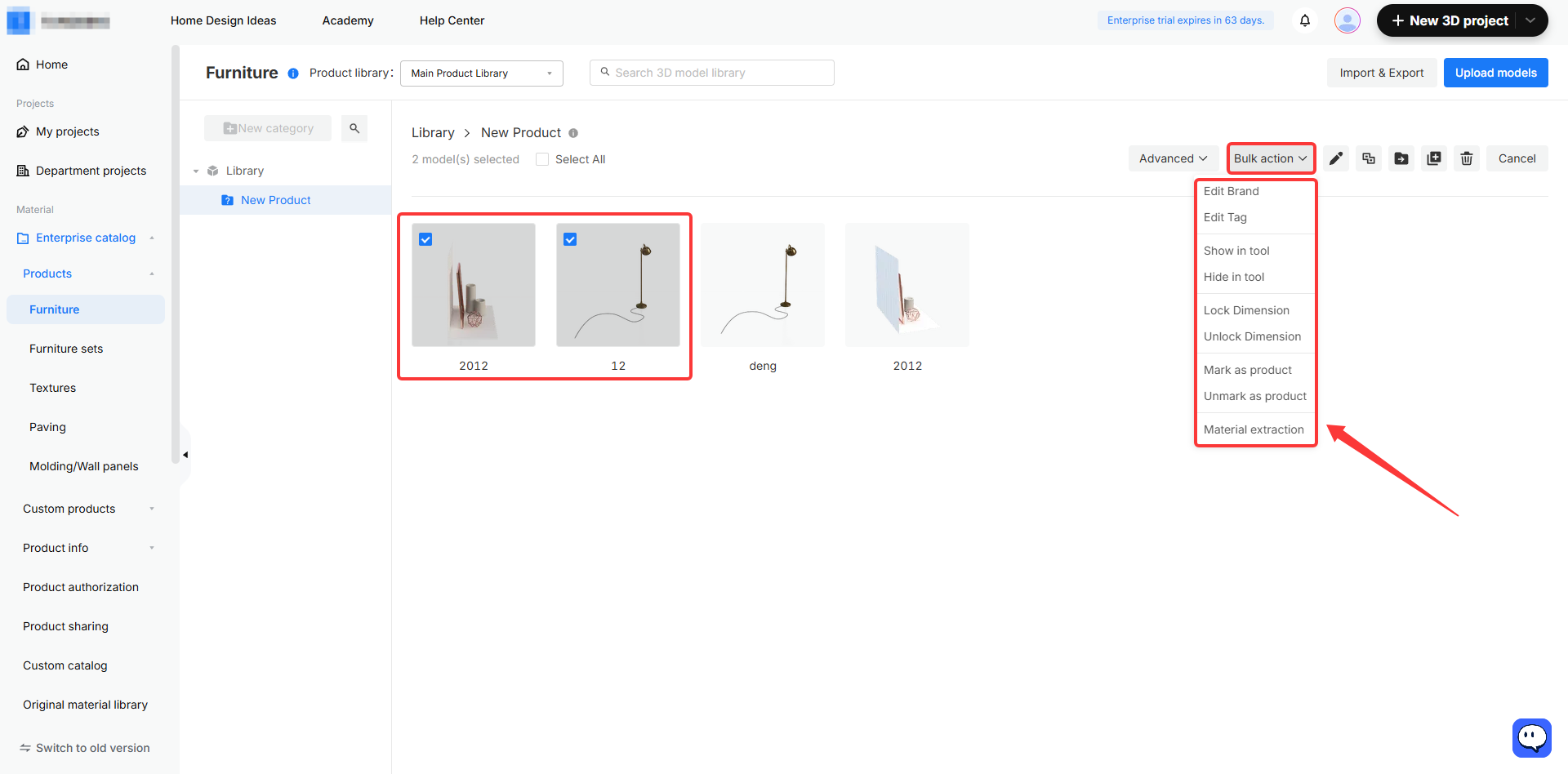 **Module:** Furniture > Library > New Product

**Guided Actions:**
1. **Selected Area:** Two 3D model items are checked, indicating the selection of multiple products for batch processing.
2. **Dropdown Menu:** The "Bulk action" button is clicked to open the batch operation menu.
3. **Arrow Point:** Points to the "Material extraction" option within the Bulk action menu, used to extract materials from the selected 3D models.