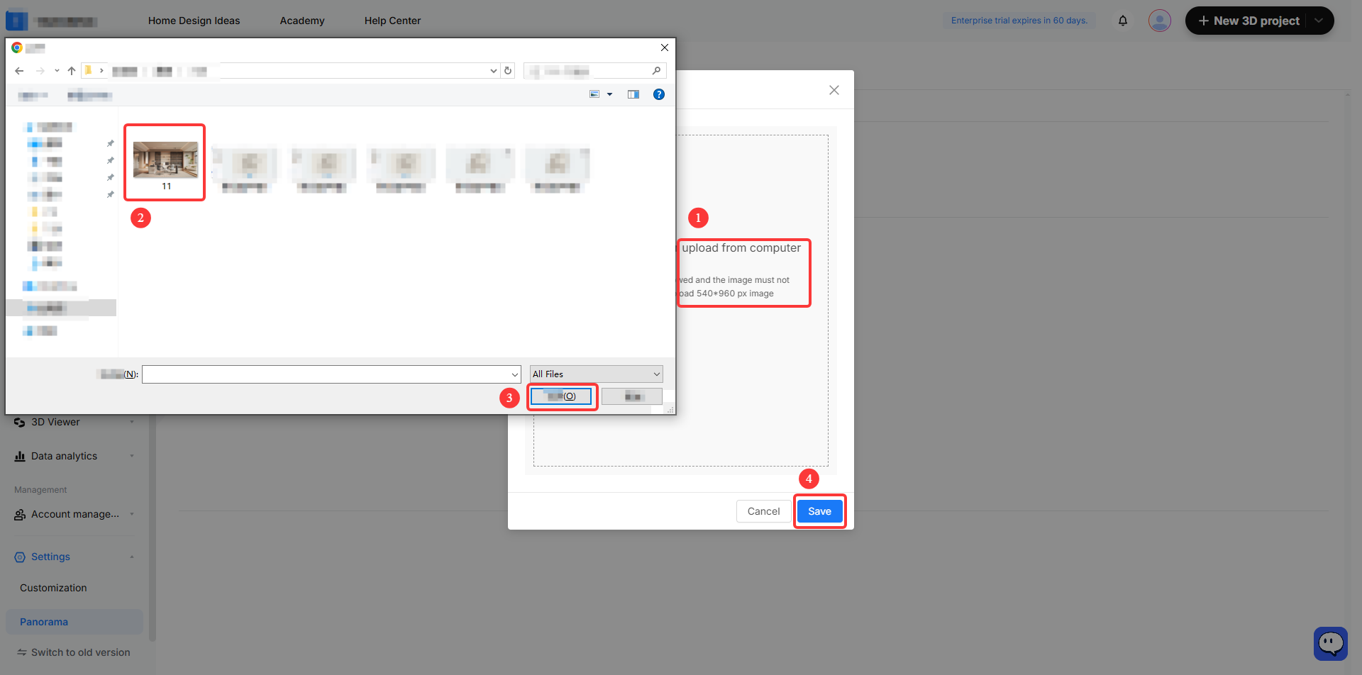**Module:** Image Upload / File Selection Dialog

**Workflow Steps:**
1. **① "upload from computer" area:** The trigger zone used to initiate the local file upload process.
2. **② Image thumbnail:** The specific image file selected from the local directory to be uploaded.
3. **③ "Open" button (blurred):** The confirmation button in the system file dialog used to select the chosen file.
4. **④ "Save" button:** The final action button used to commit the upload and save the image to the platform.