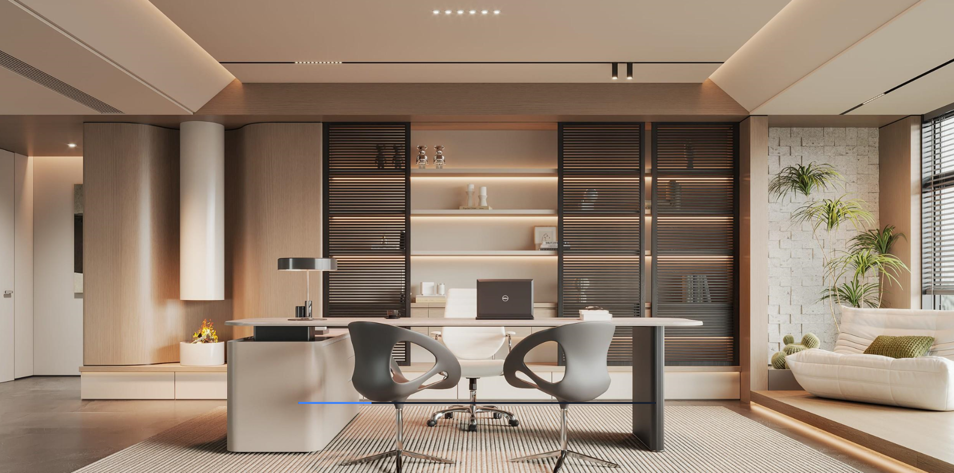 The provided image is a high-quality interior render of a modern office space. It does not contain any help center interface elements, software screenshots, or instructional markings (such as red/yellow/blue arrows, boxes, or numbered sequences).

As there are no teaching guidance markers to analyze, no functional workflow can be identified.