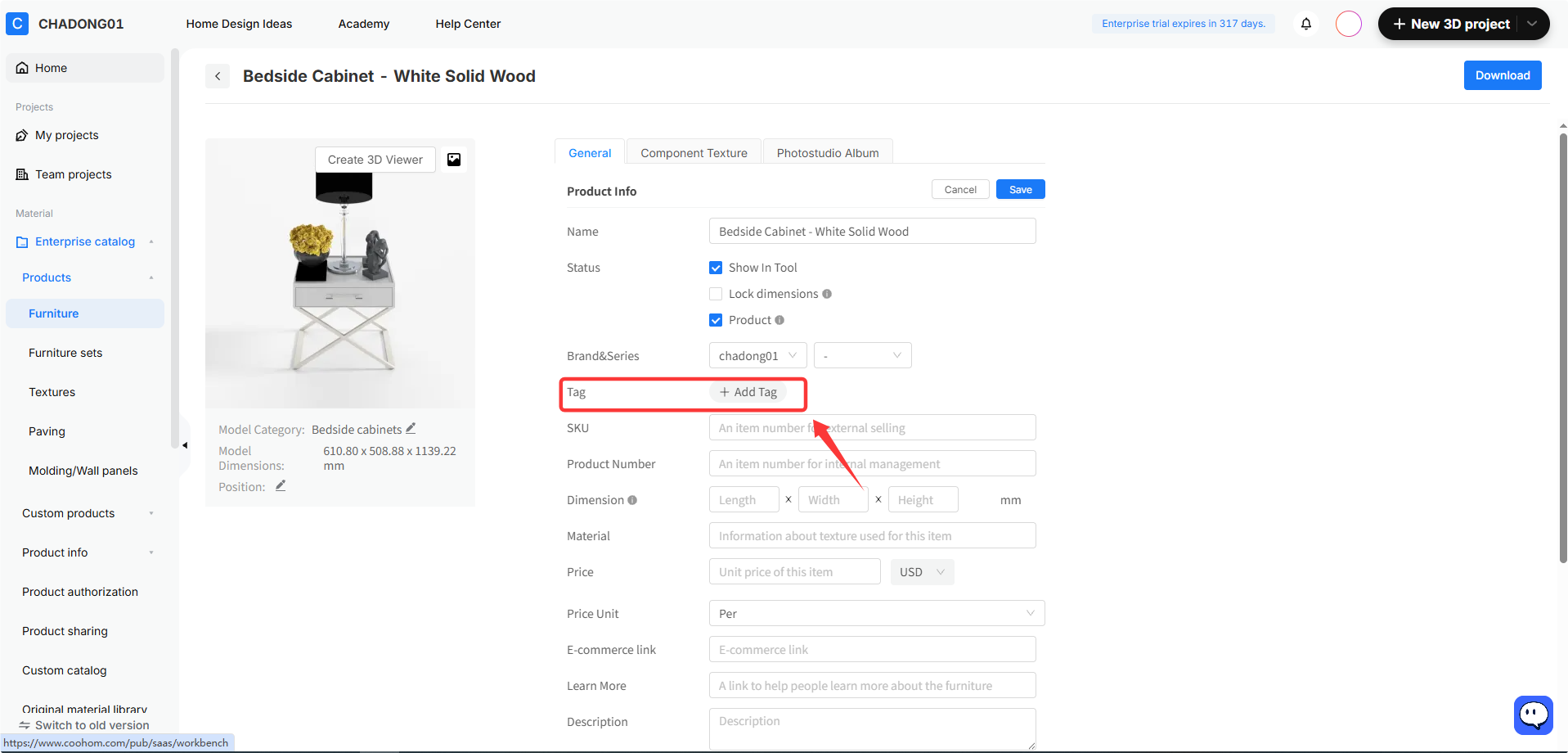 **Module:** Product Info > General Tab

**Target Object:** "+ Add Tag" button (highlighted by red box and arrow)

**Function:** Used to add descriptive tags to the product for better categorization and searchability.