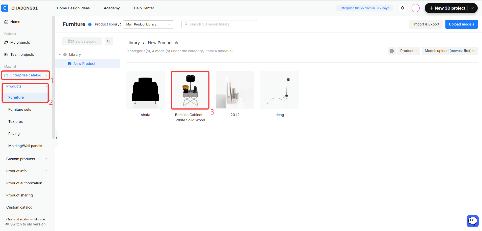 **Module:** Product Library > Enterprise Catalog

**Workflow Steps:**
1. **"Enterprise catalog" menu item:** Selects the enterprise-level asset repository.
2. **"Products > Furniture" category:** Navigates to the specific furniture sub-category to filter available models.
3. **"Bedside Cabinet - White Solid Wood" model item:** Selects a specific 3D model from the gallery for use in a project.