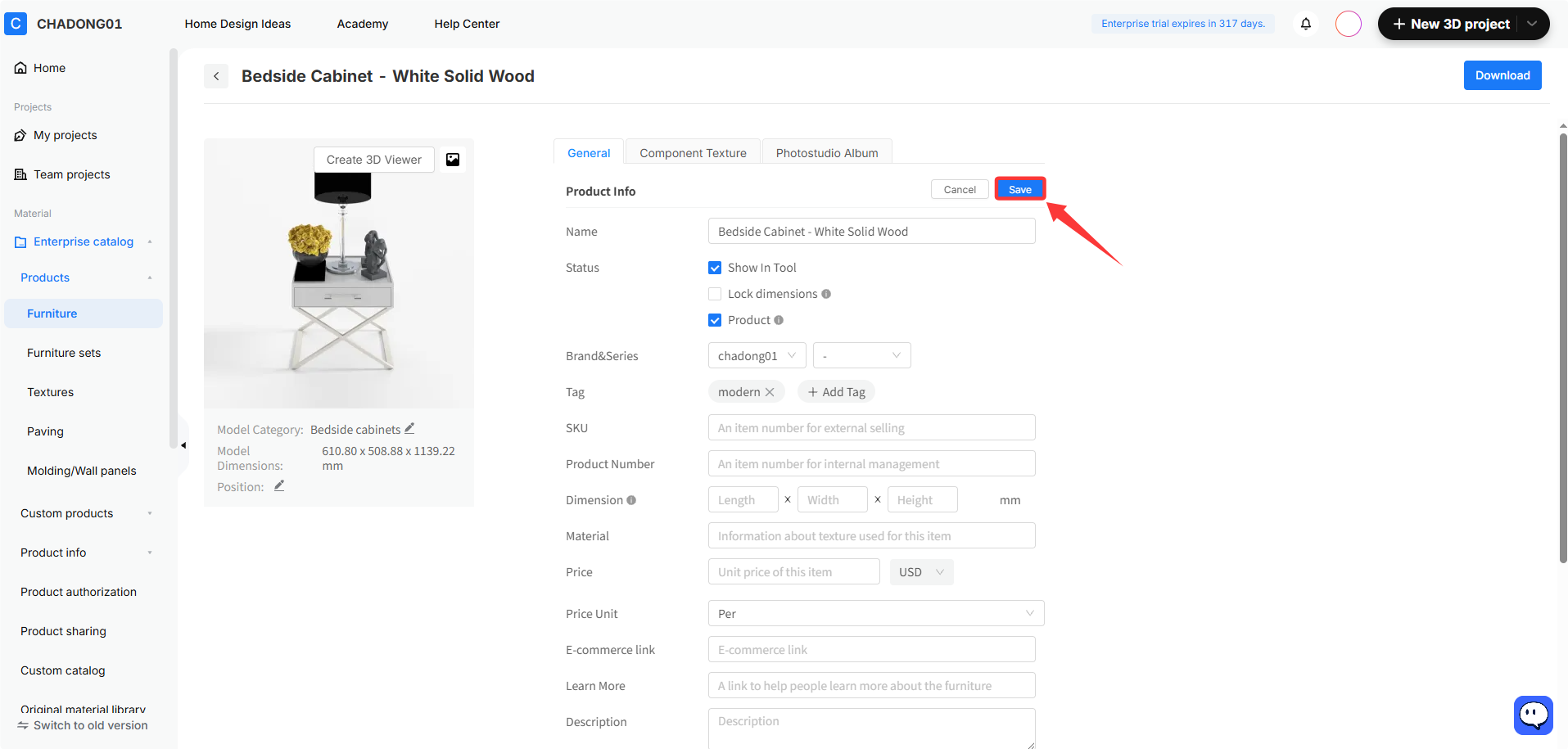 **Module:** Product Info > General Tab

**Target Object:** 'Save' button

**Action/Purpose:** Used to commit and save the edited product information (such as Name, Status, SKU, and Dimensions) to the system.