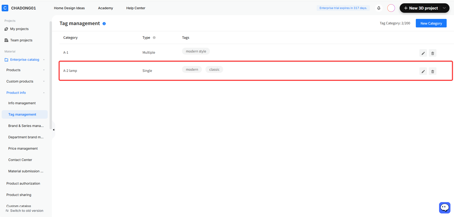 **Module:** Enterprise catalog > Tag management

**Target:** A specific tag category row (Category: "A-2 lamp", Type: "Single", Tags: "modern", "classic").

**Purpose:** Used to identify and manage a specific tag category entry, allowing the user to view its configuration or perform edit/delete actions via the associated icons.