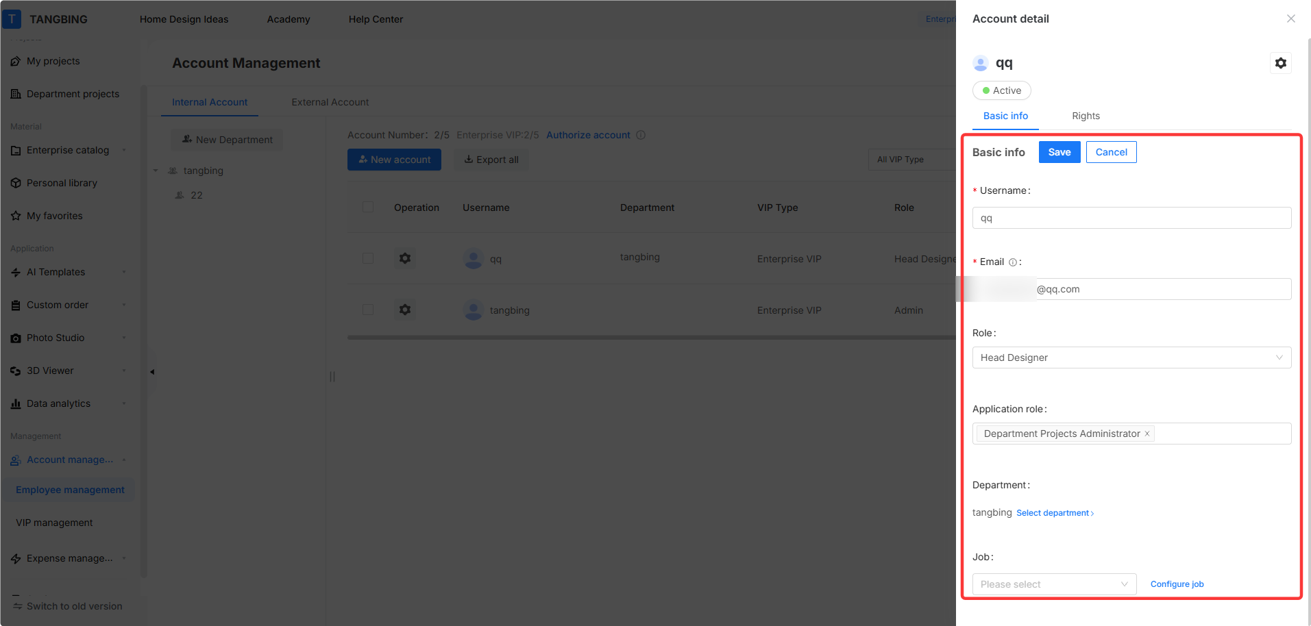 **Module:** Account Management > Account detail (Side Panel)

**Target Object:** "Basic info" editing area (highlighted by the red box), including fields for Username, Email, Role, Application role, Department, and Job.

**Purpose:** Used to view and modify the personal profile and permission settings of a specific user account.