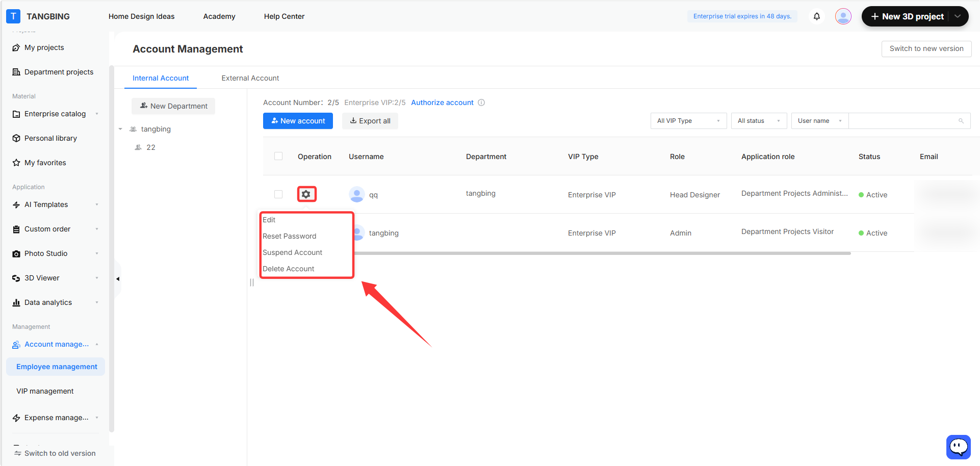 **Module:** Account Management > Internal Account List

**Target Object:** The dropdown menu triggered by the "Settings" (gear) icon in the Operation column, specifically highlighting the options: "Edit", "Reset Password", "Suspend Account", and "Delete Account".

**Function:** Used to manage individual user account permissions and status, allowing administrators to modify user details, reset credentials, or deactivate/remove accounts.