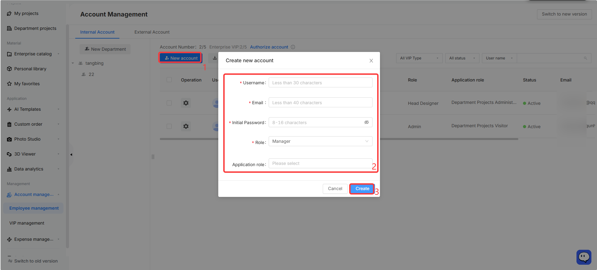 **Module:** Account Management > Internal Account

**Workflow Steps:**
1. **"New account" button**: Click to open the account creation dialog.
2. **"Create new account" form area**: Fill in the required user details, including Username, Email, Initial Password, Role, and Application role.
3. **"Create" button**: Submit the form to finalize the creation of the new account.
