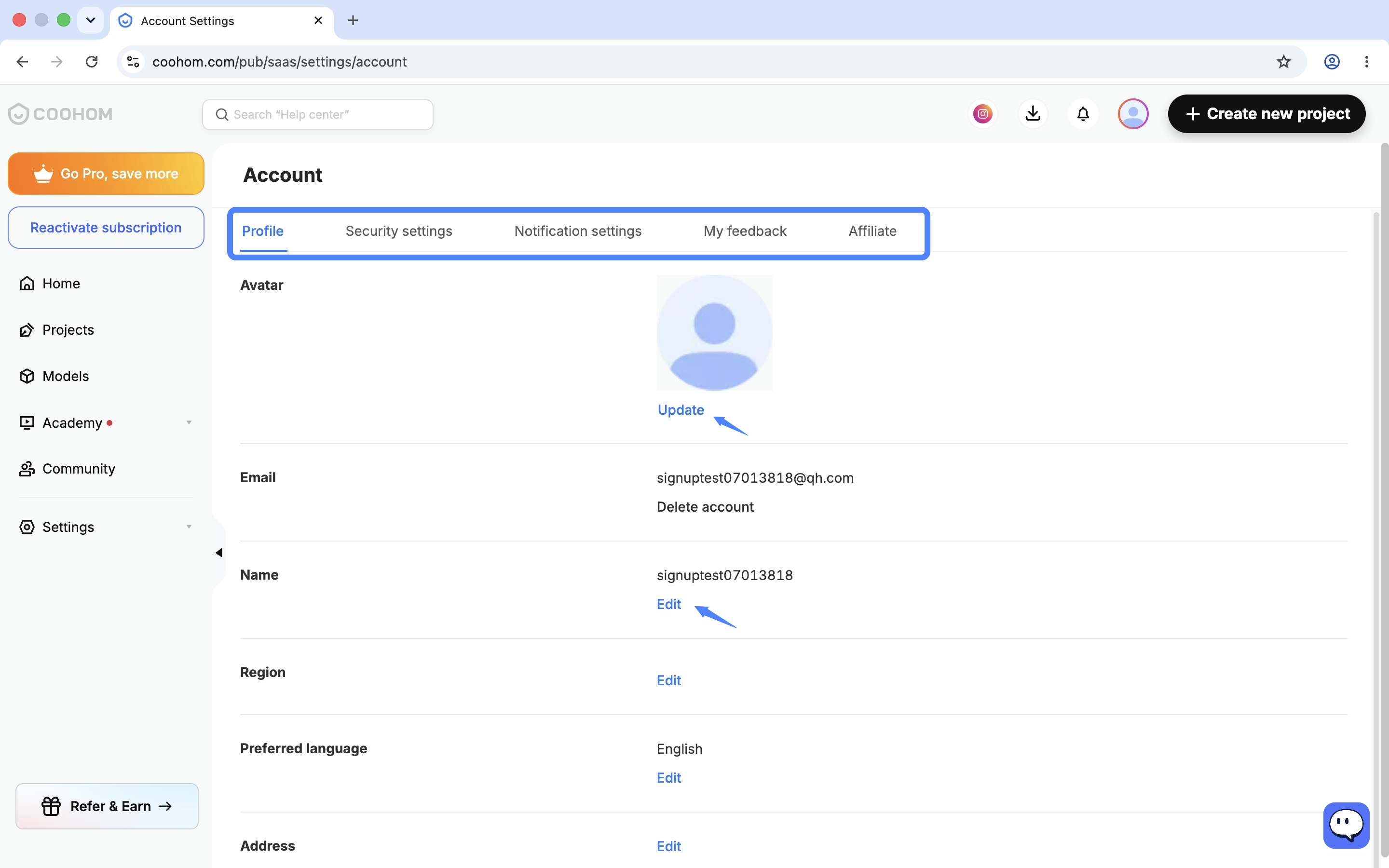 Profile settings page